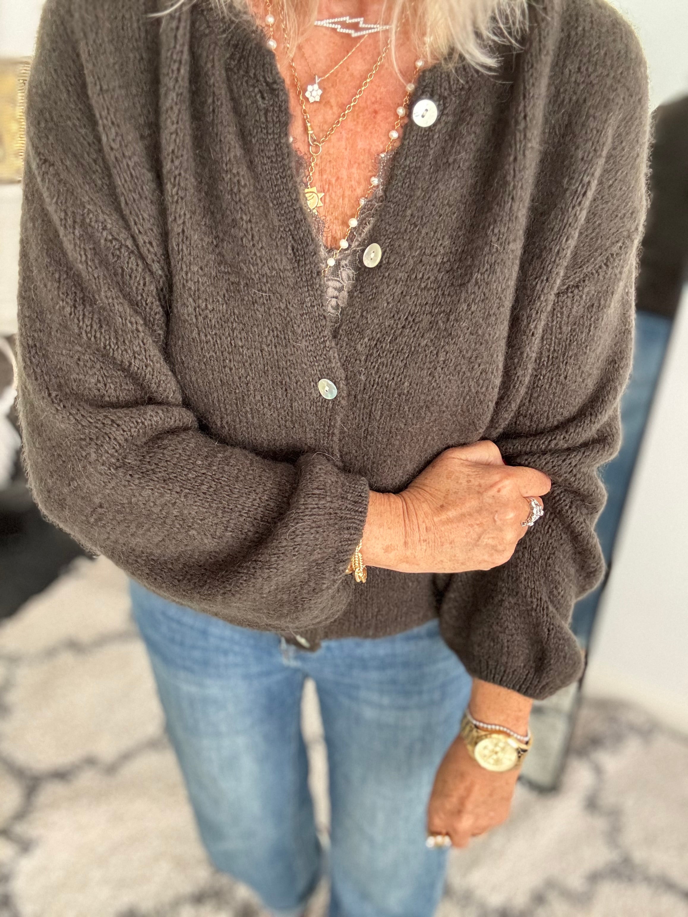 Mohair Buttoned Cardi in Deep Cocoa