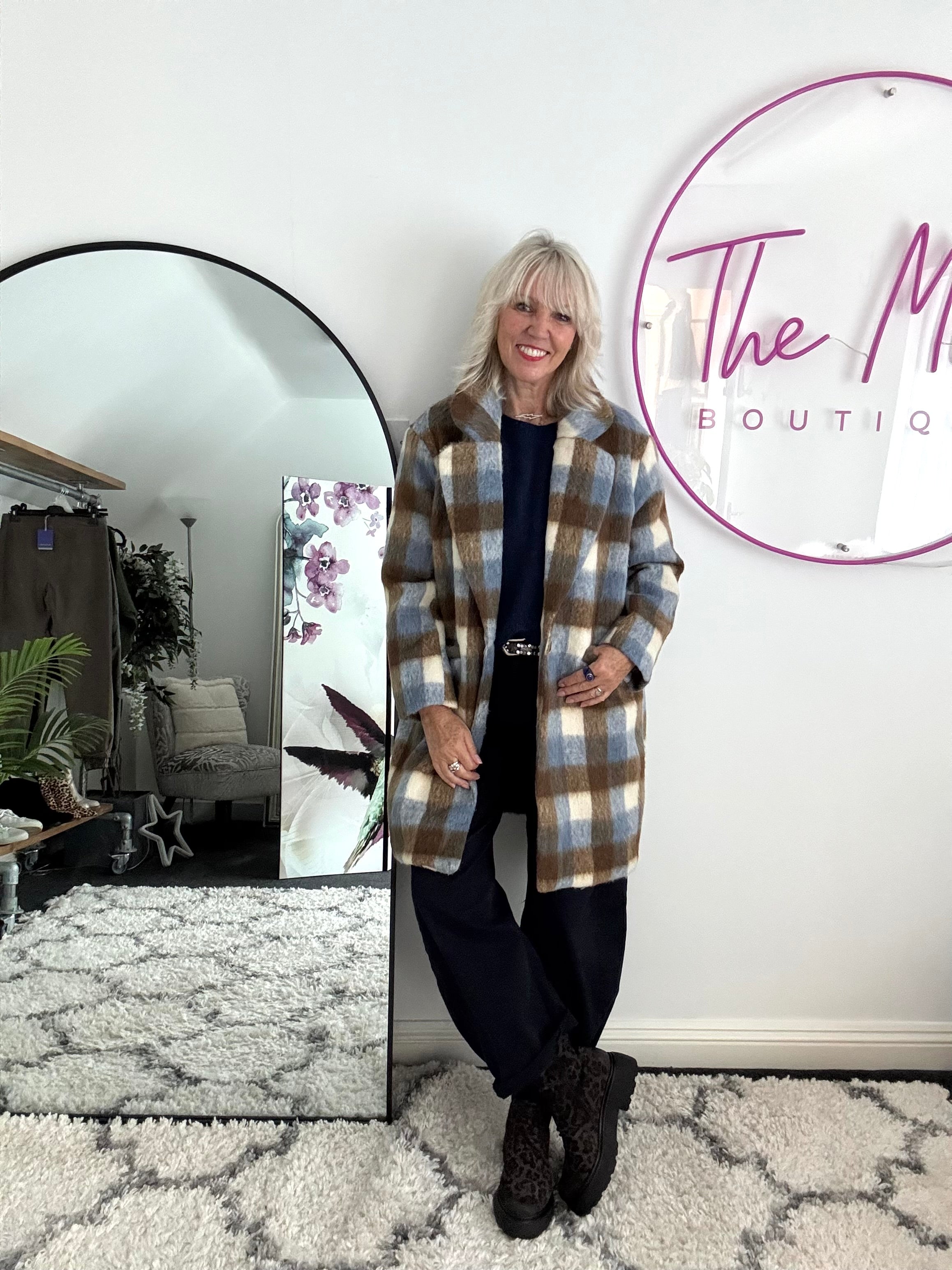 Check Mohair Coat in Blue & Chocolate