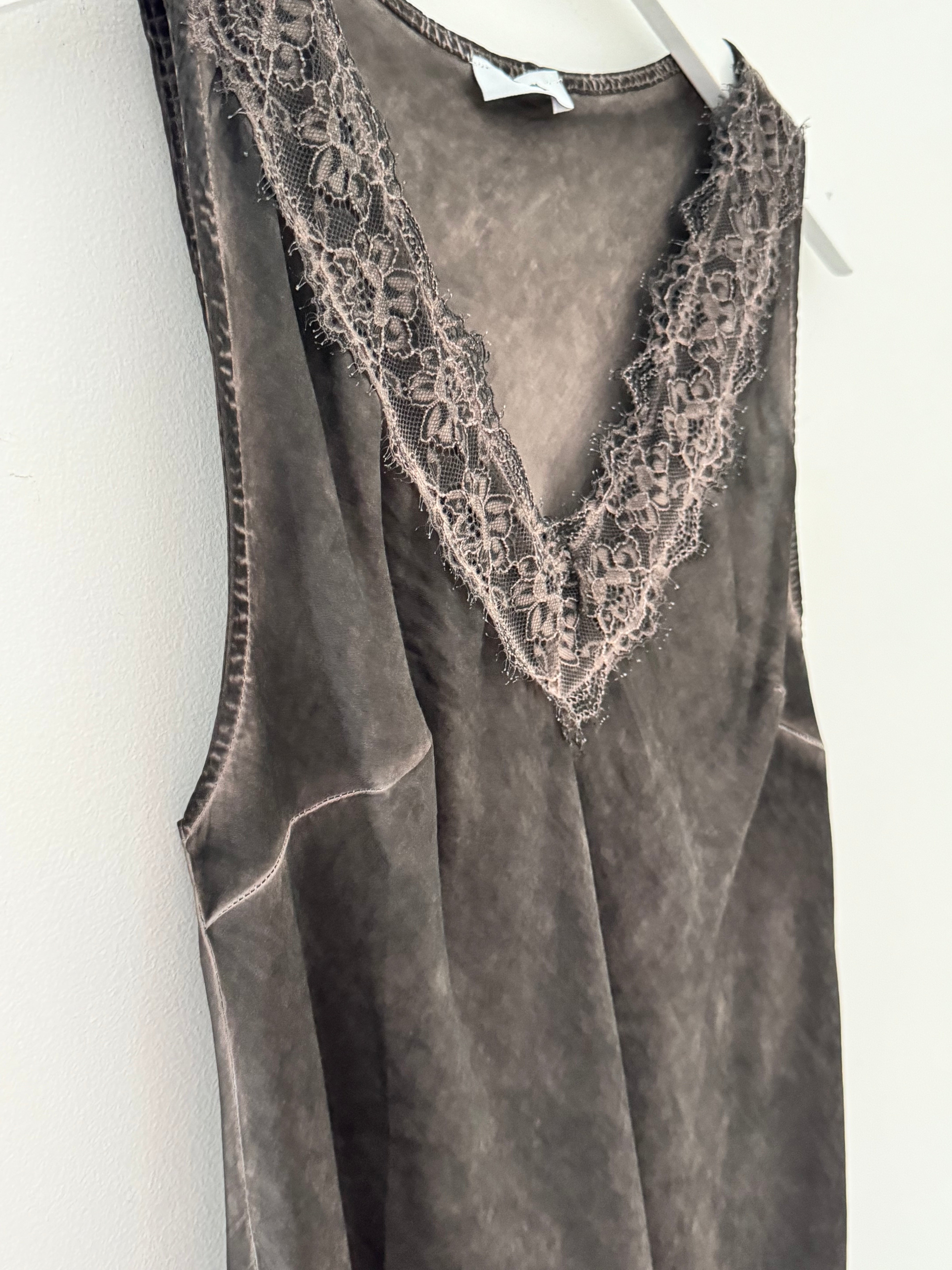 Lace Trim Silk Top in Cocoa