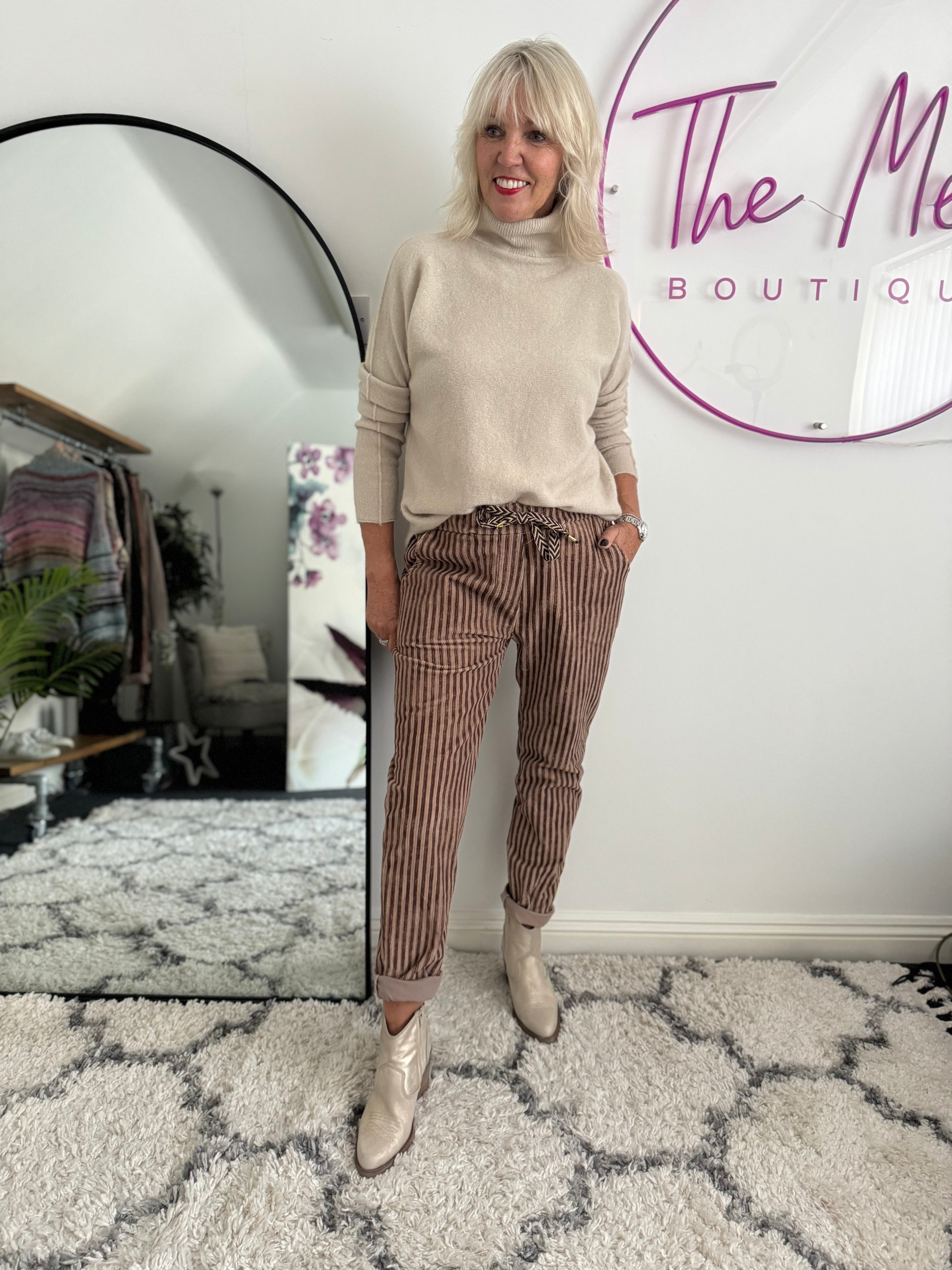 Chenille Cord Joggers in Mocha & Cocoa Stripe