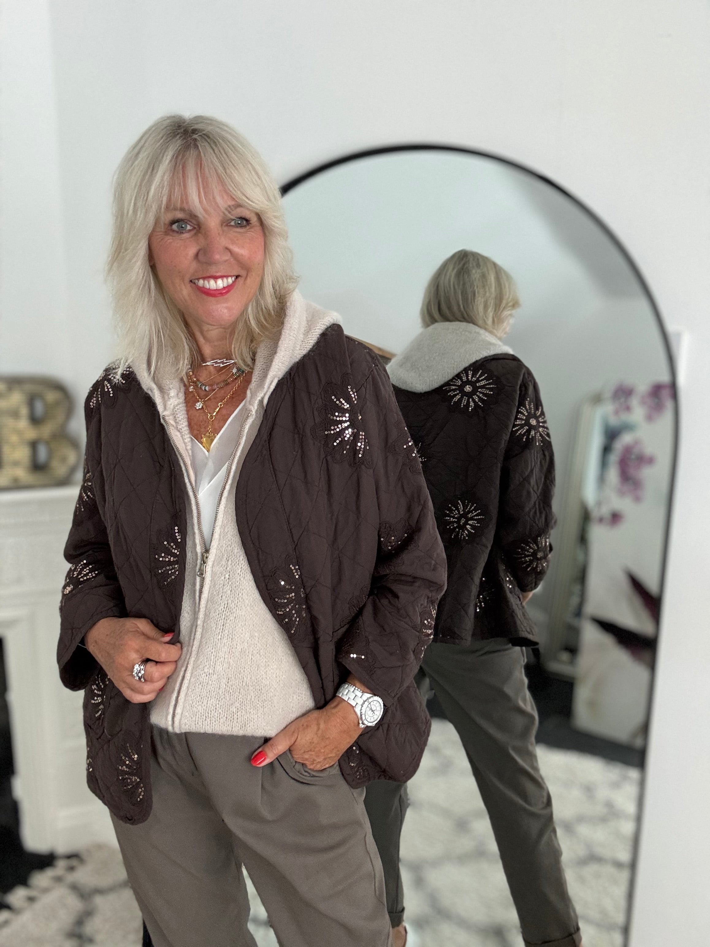 Quilted Jacket with Sequins in Chocolate
