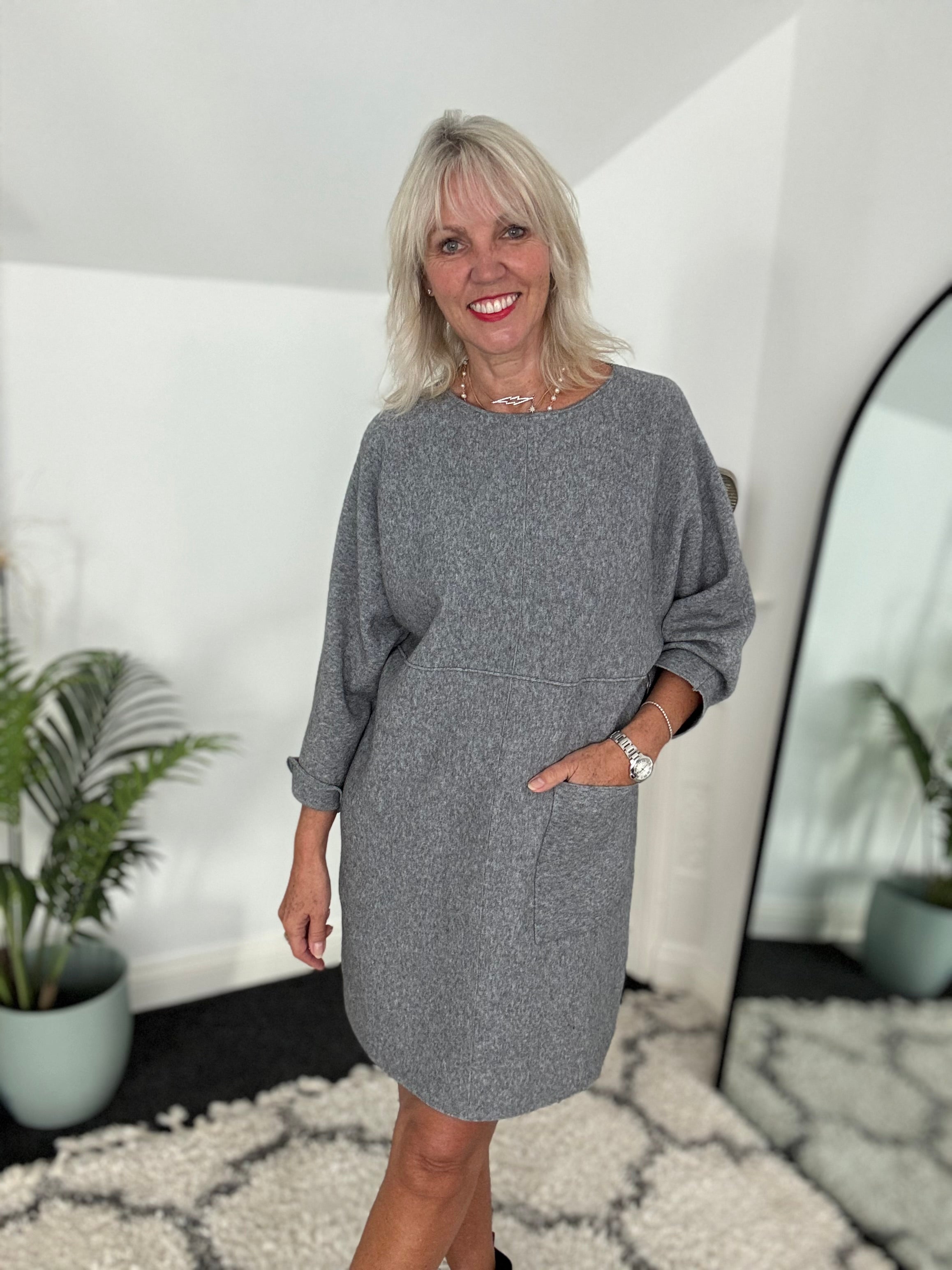 Luxe Knitted Pocket Dress in Marl Grey
