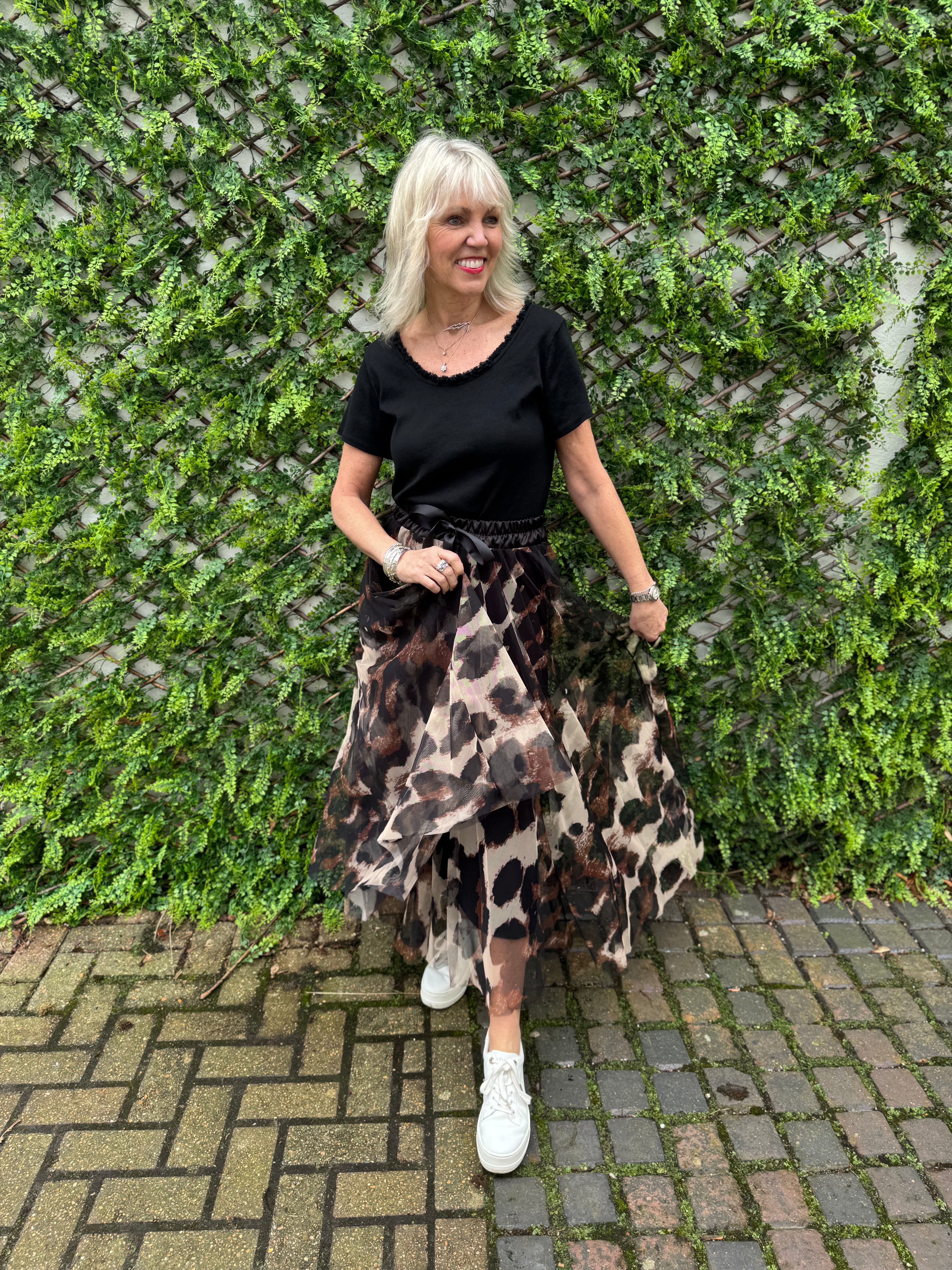 Tulle Midi Skirt in Black & Tan Leopard