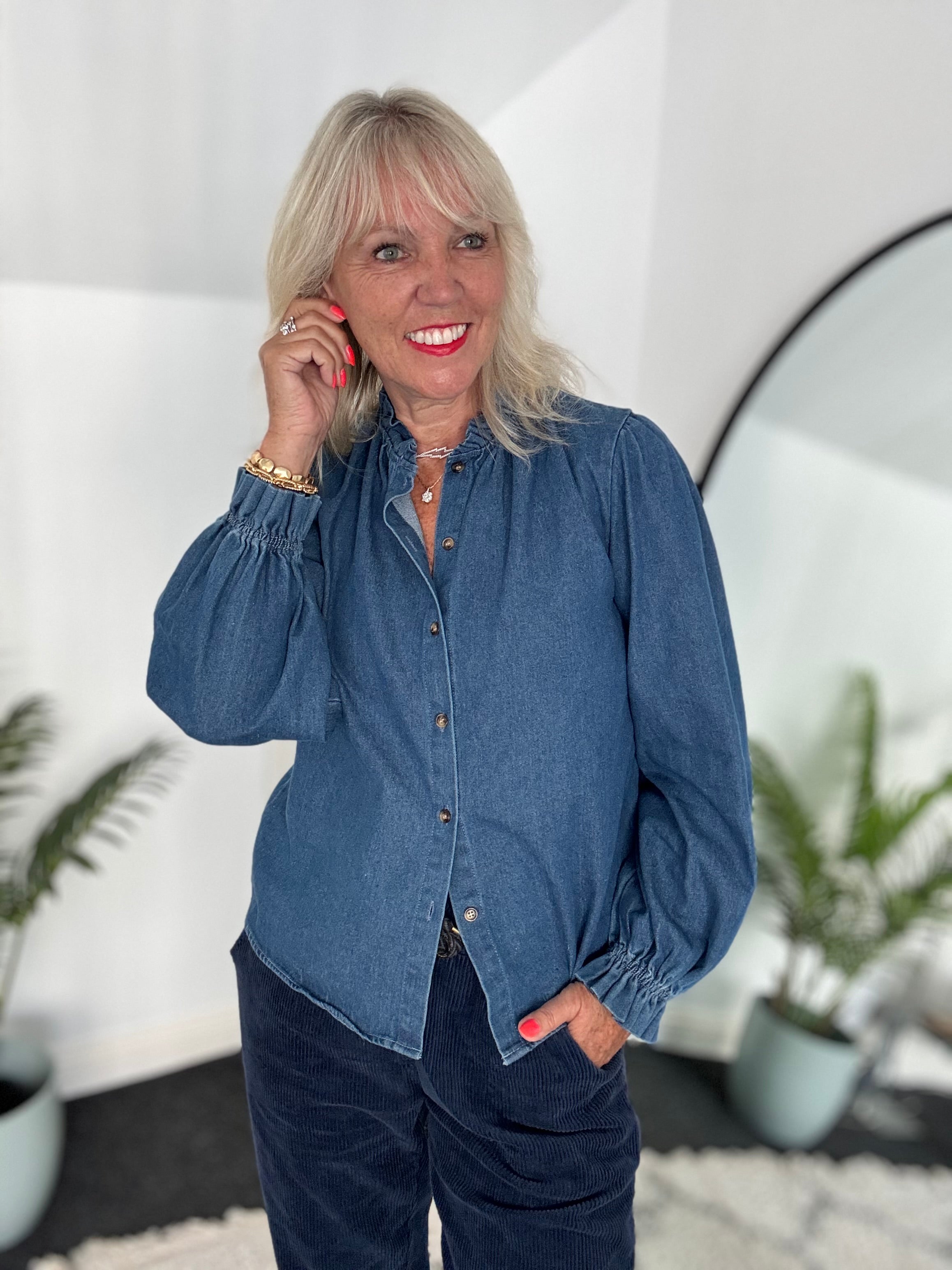 Soft Denim Shirt with Ruffle Collar & Cuffs