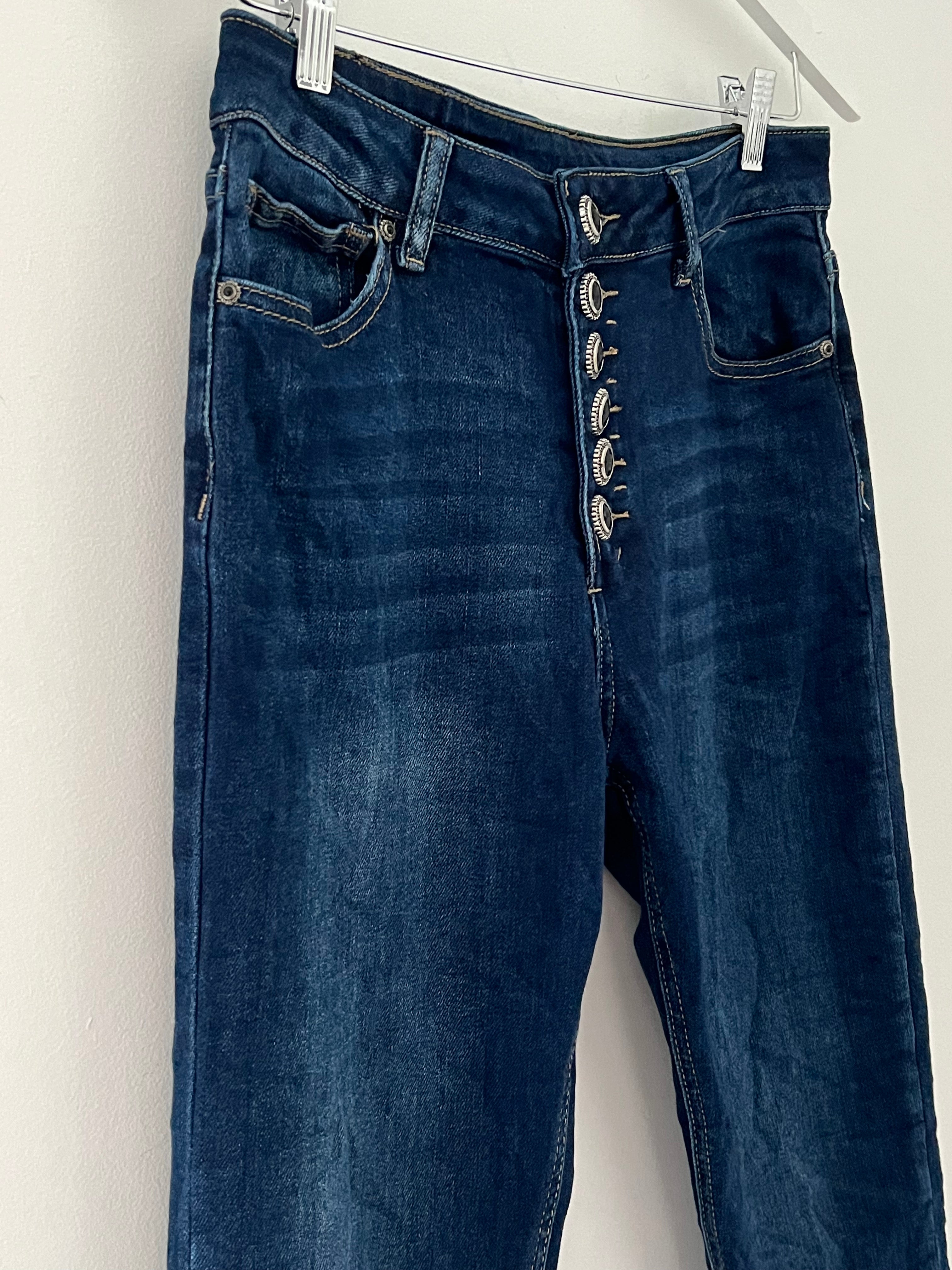 Decorative Button Fly Stretch Jeans in Denim