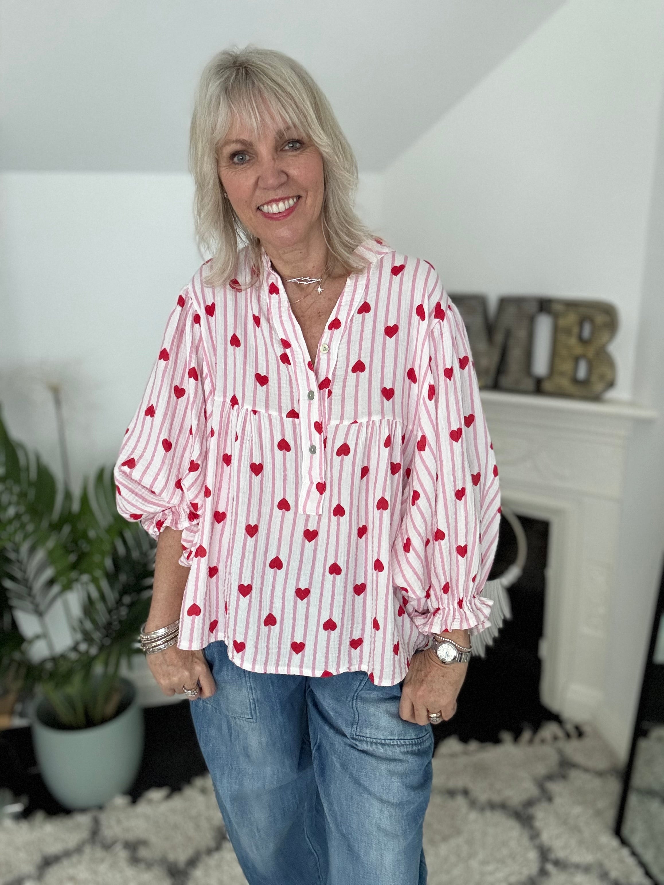 Oversized Cheesecloth Heart Blouse in Pink & Red