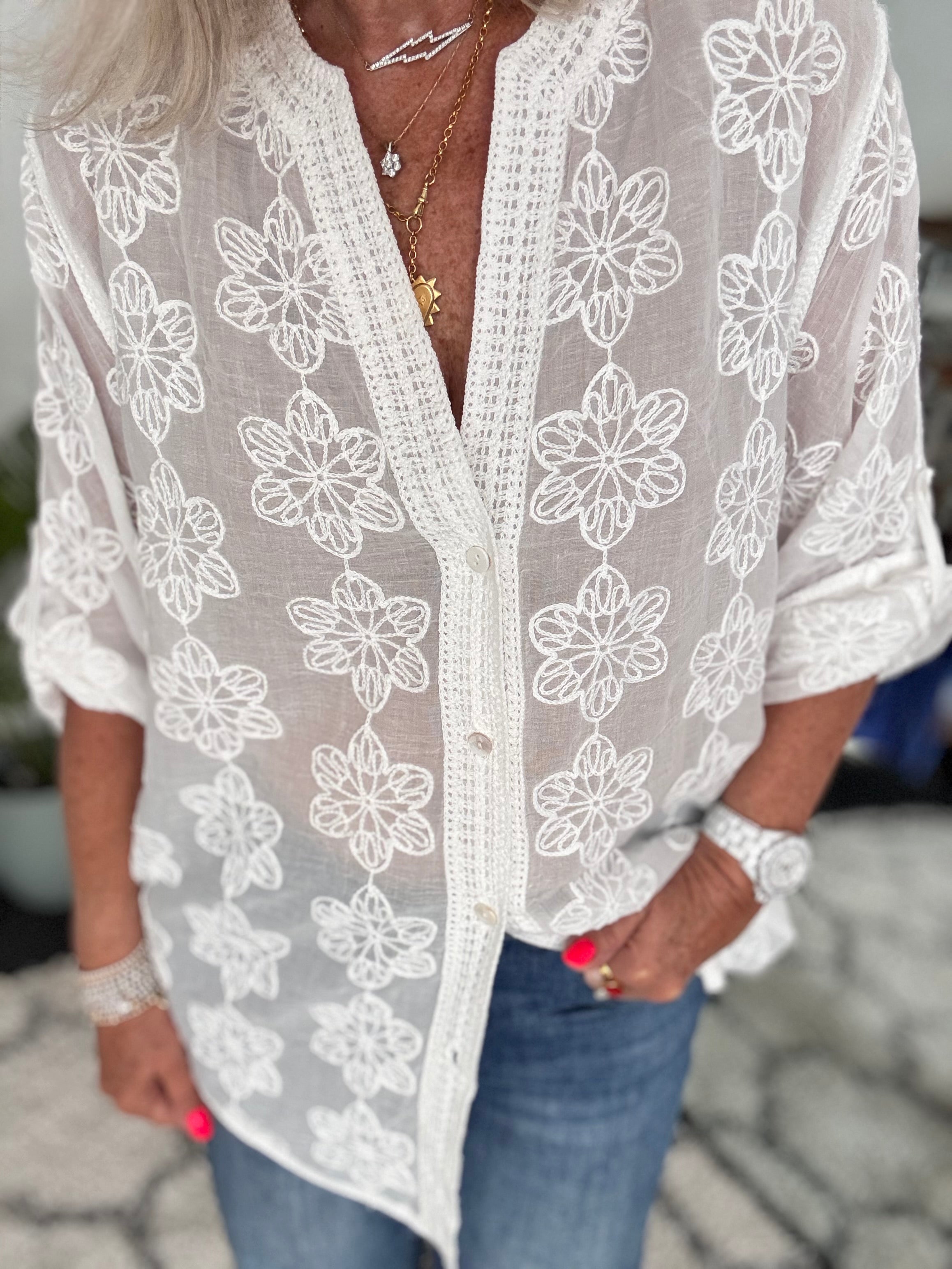 Embroidered Buttoned Top in Ivory