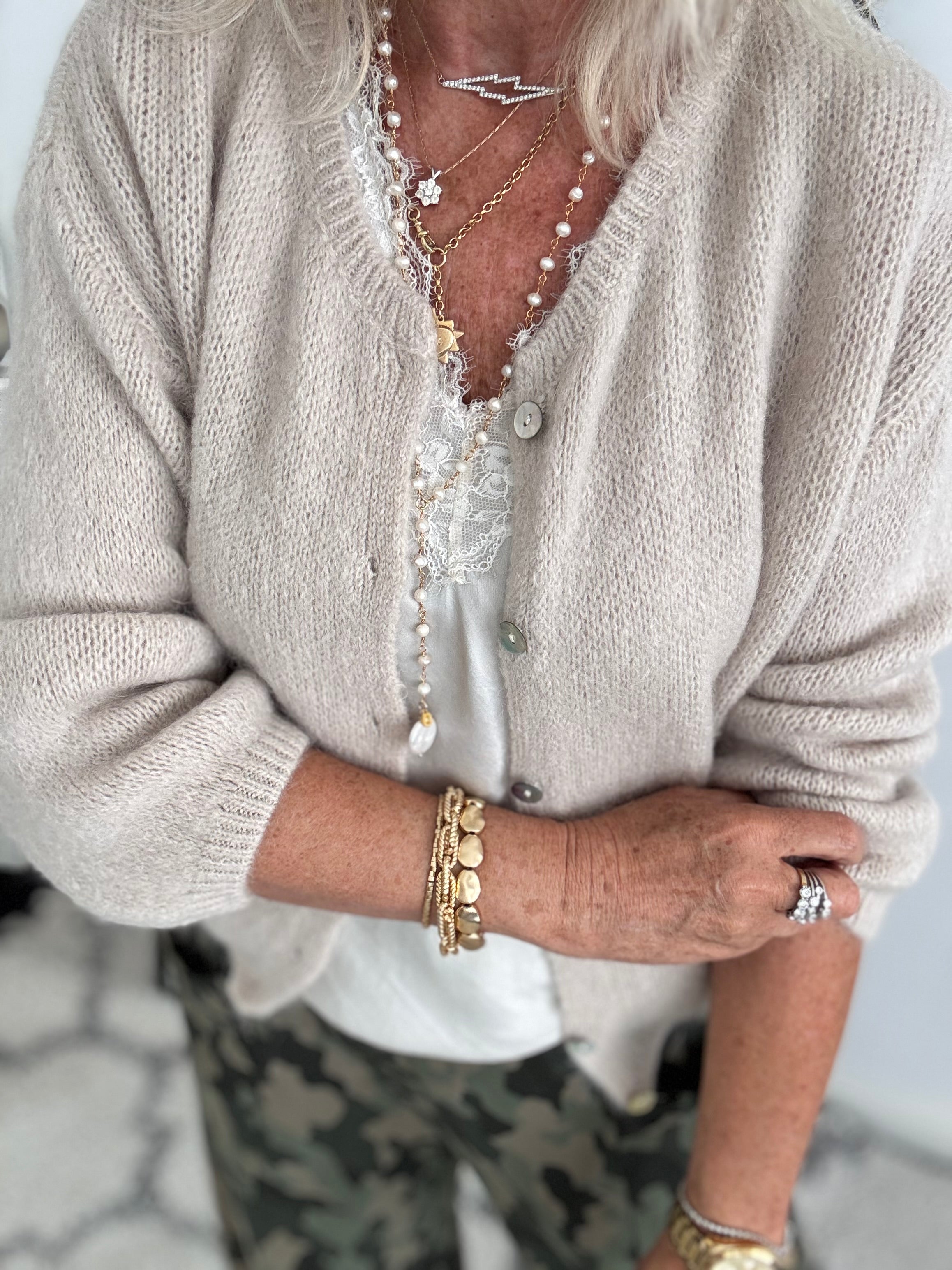 Mohair Buttoned Cardi in Stone