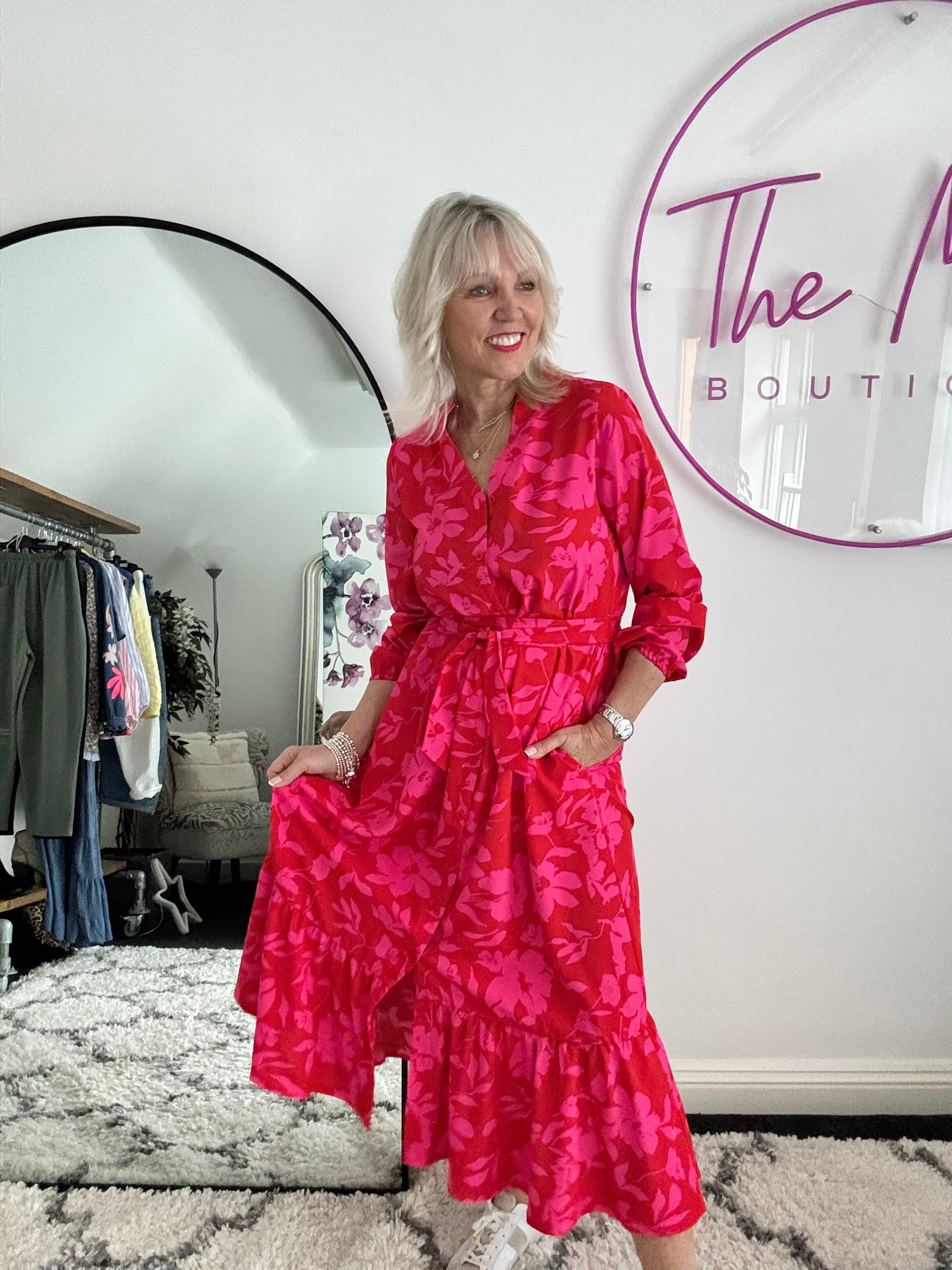 Premium Tropical Print Dress in Red & Pink