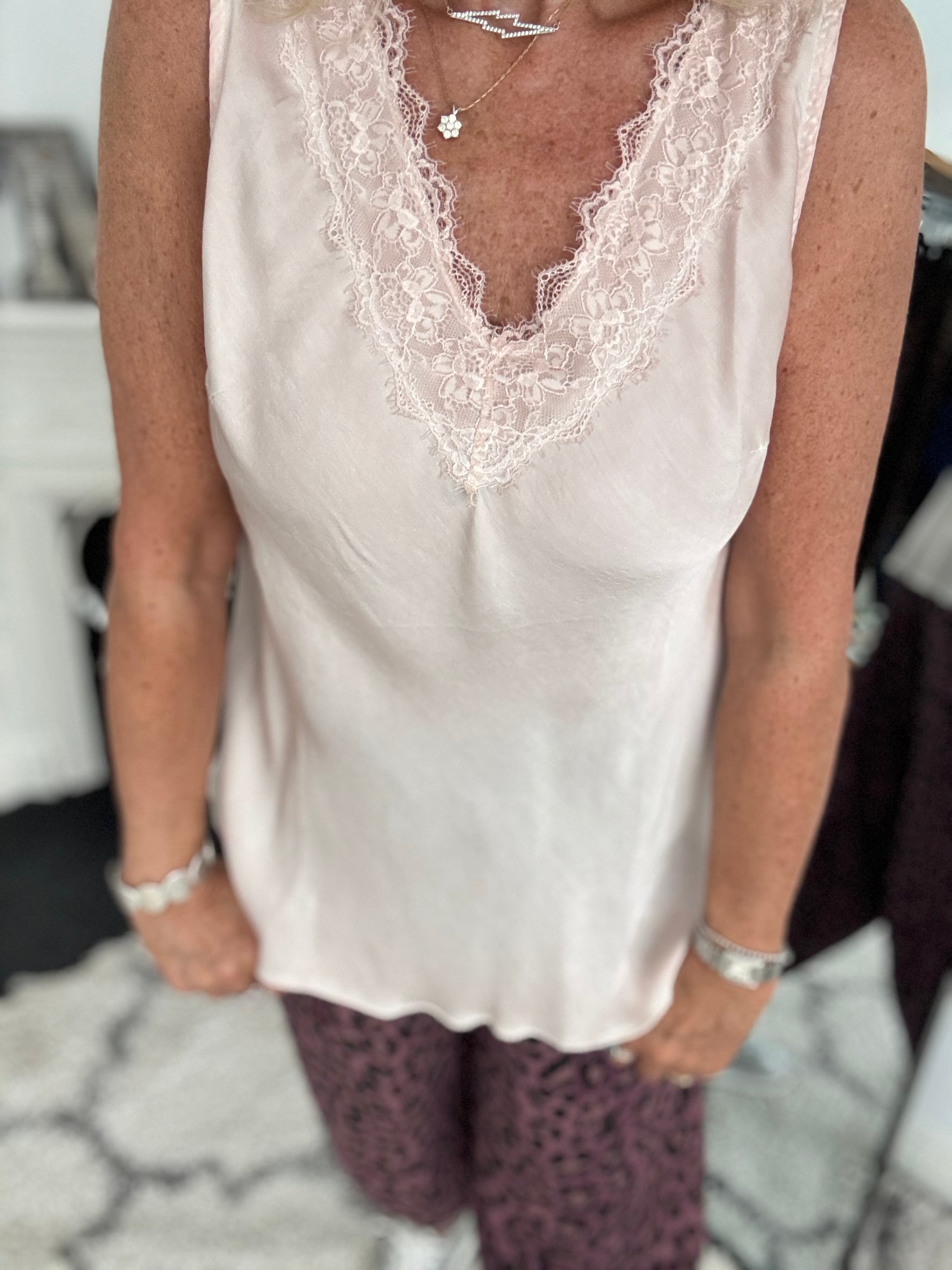 Lace Trim Silk Top in Shell Pink