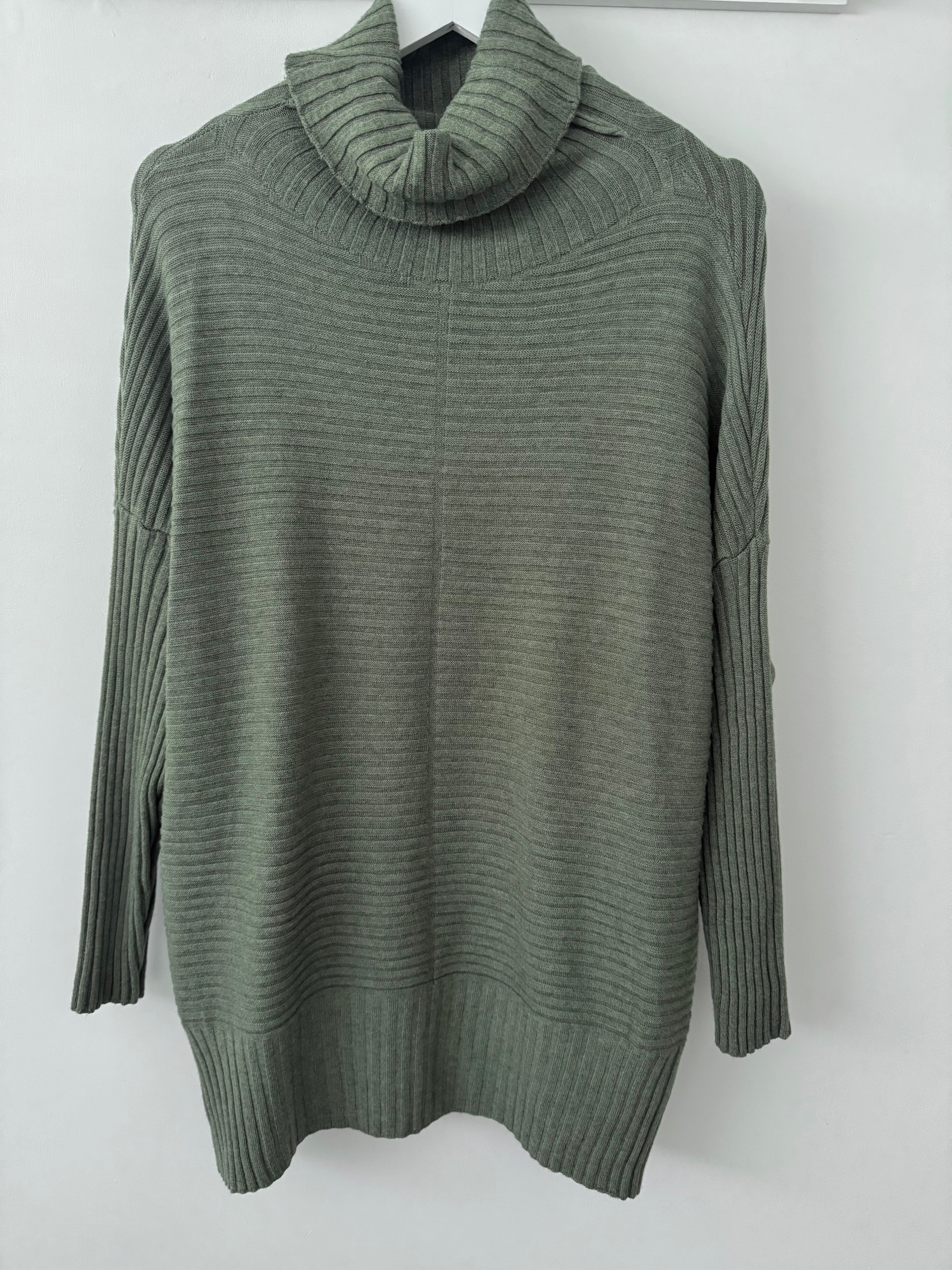 Ribbed Roll Neck Poncho Jumper in Khaki
