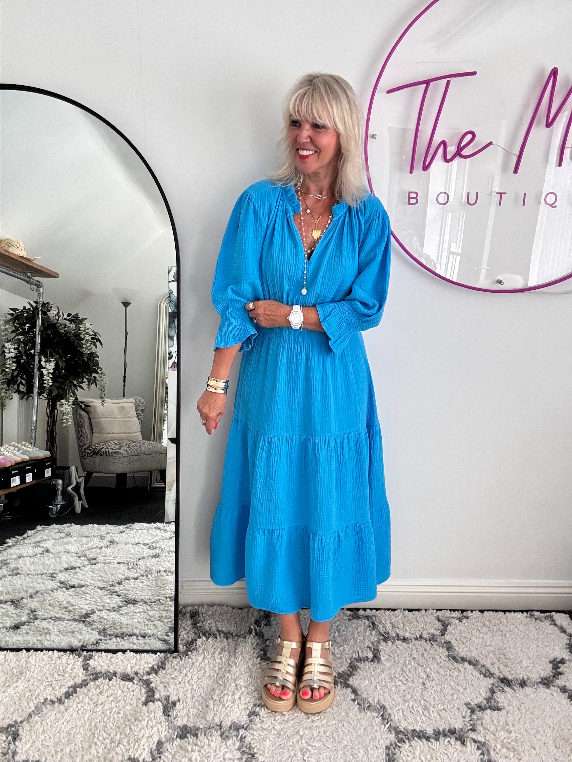 Cheesecloth Midi Dress in Azure Blue