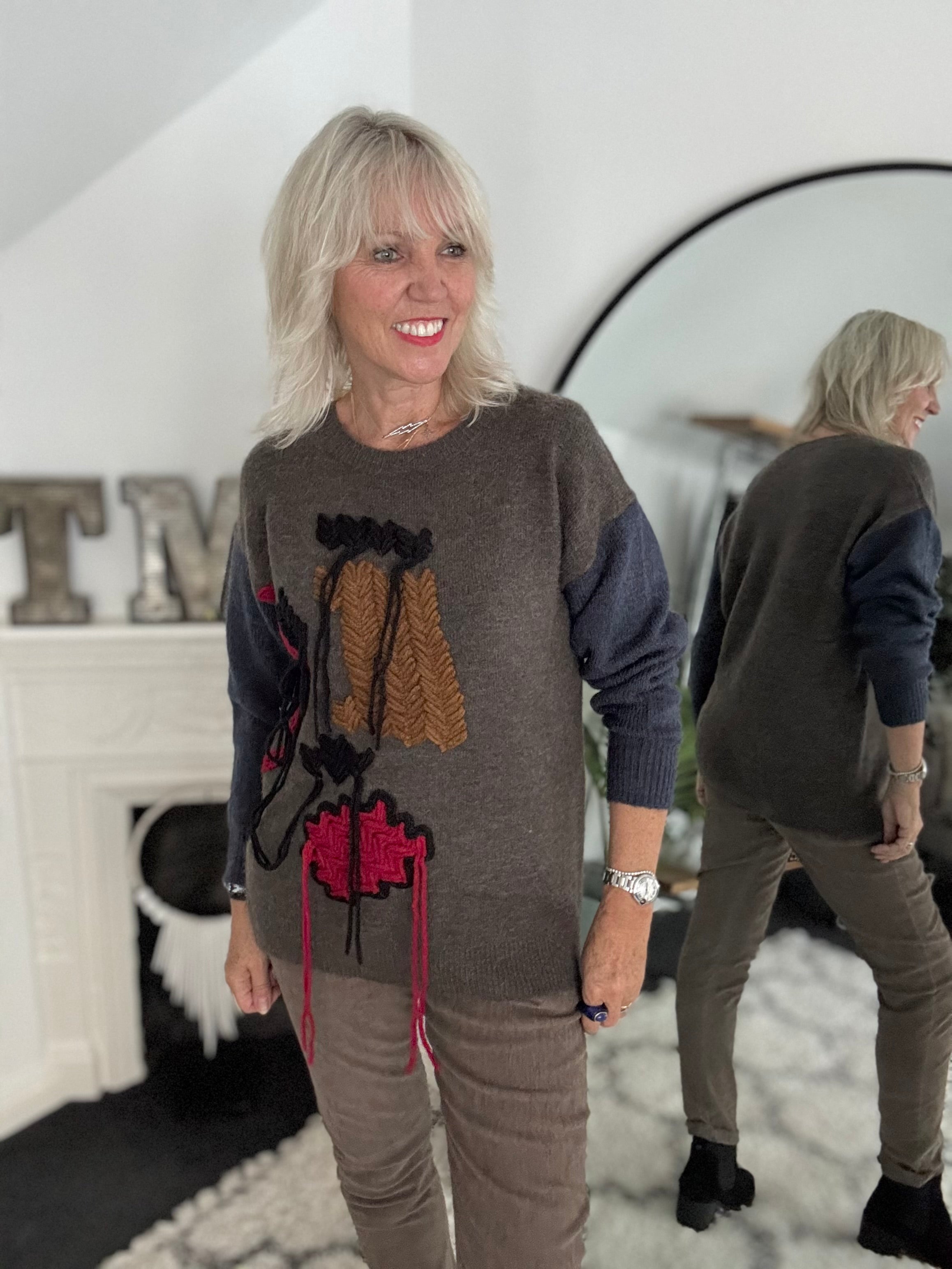 Fringe Cable Knit Jumper in Cocoa & Blue