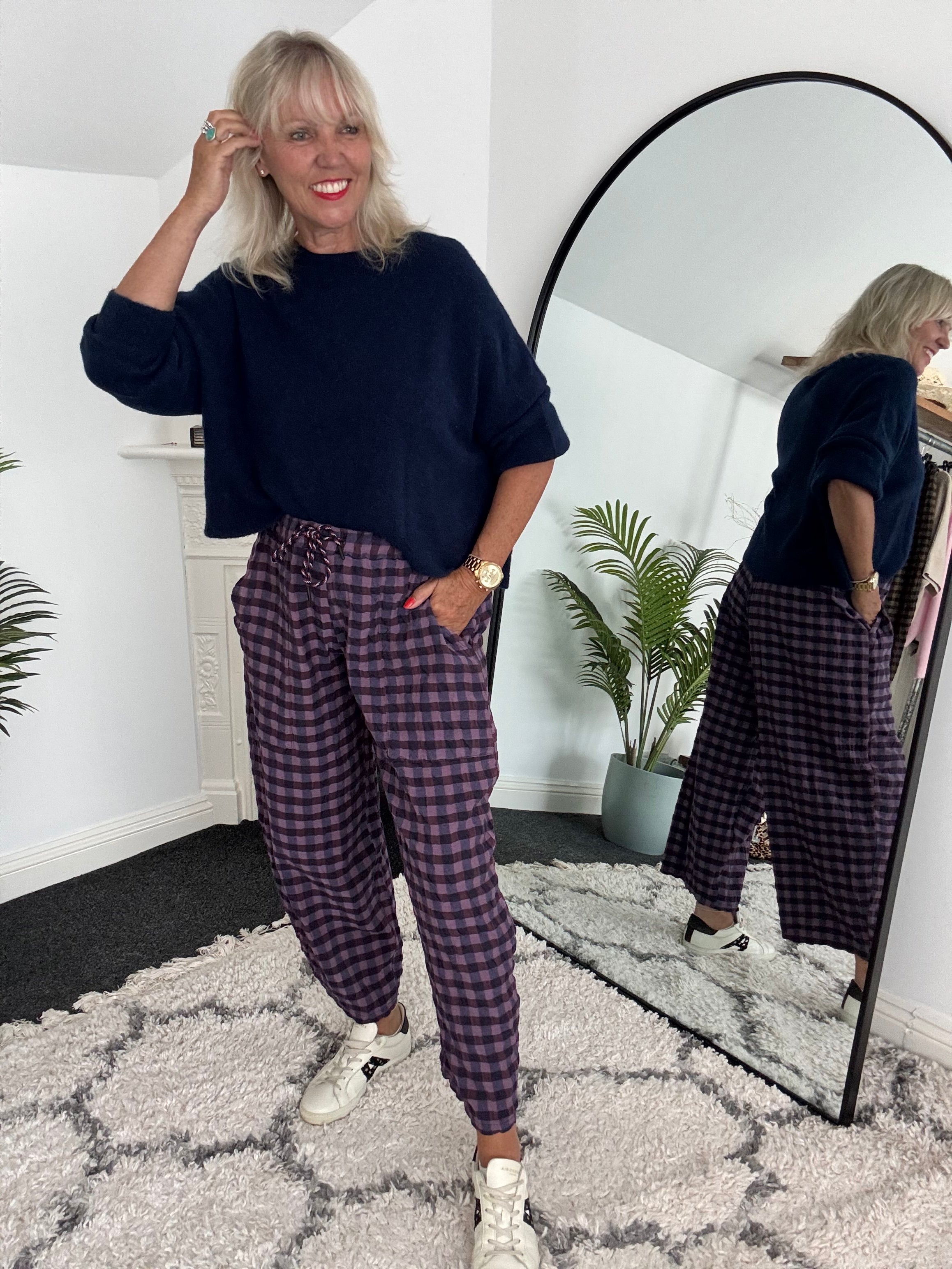Barrel Check Trousers in Plum & Navy