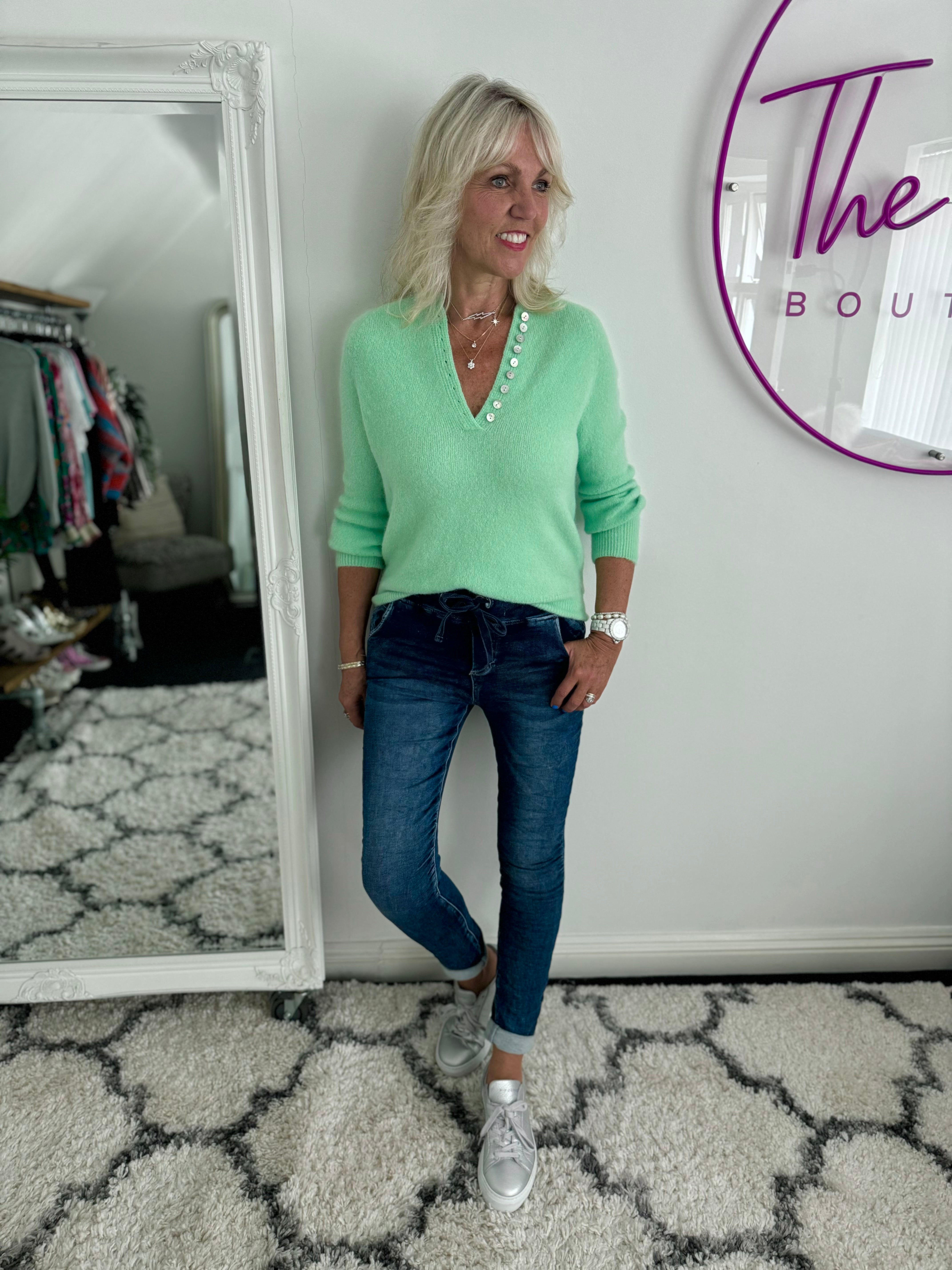 Softie Jumper with Button Neck in Mint