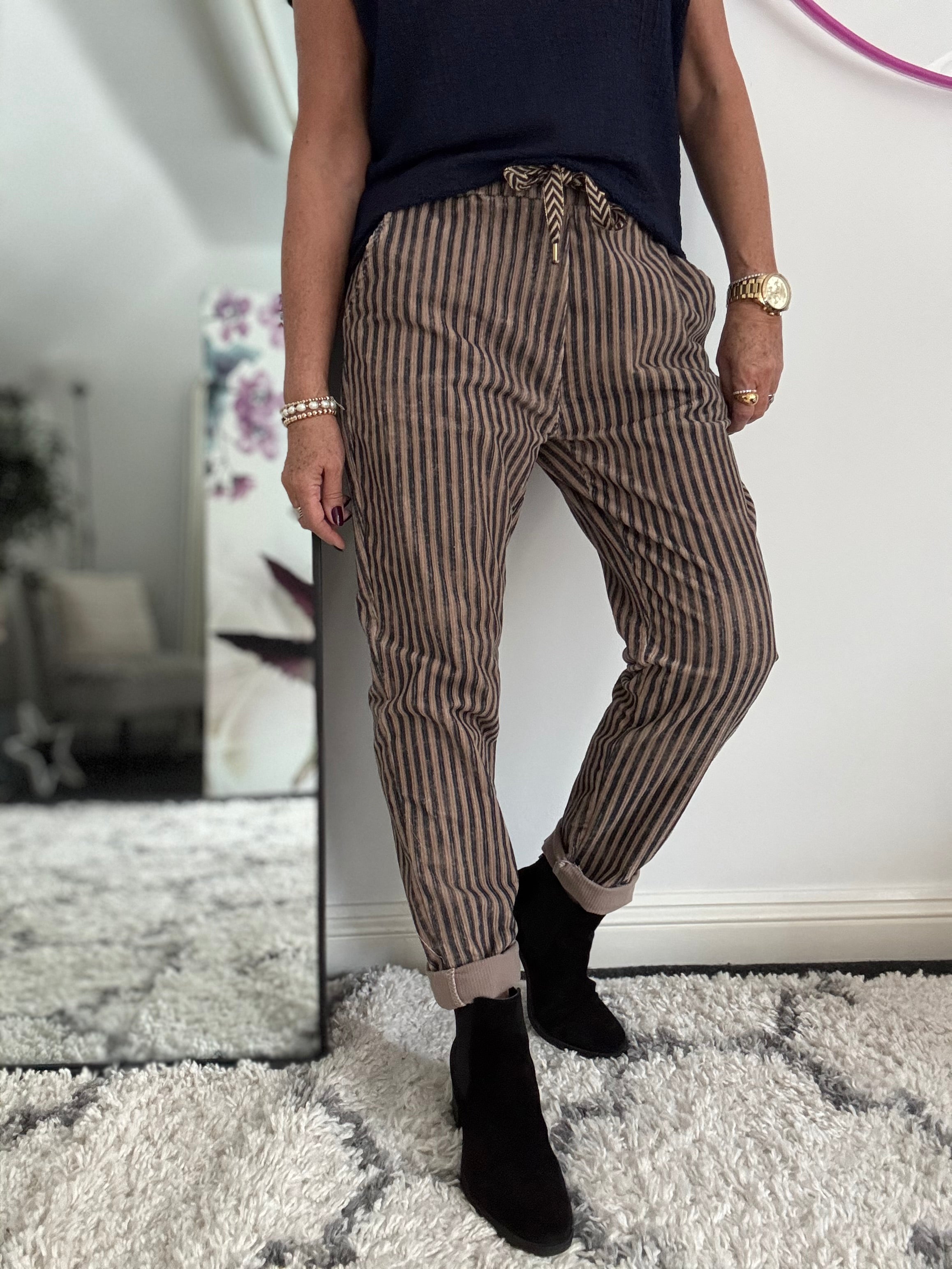 Chenille Cord Joggers in Mocha & Blue Stripe