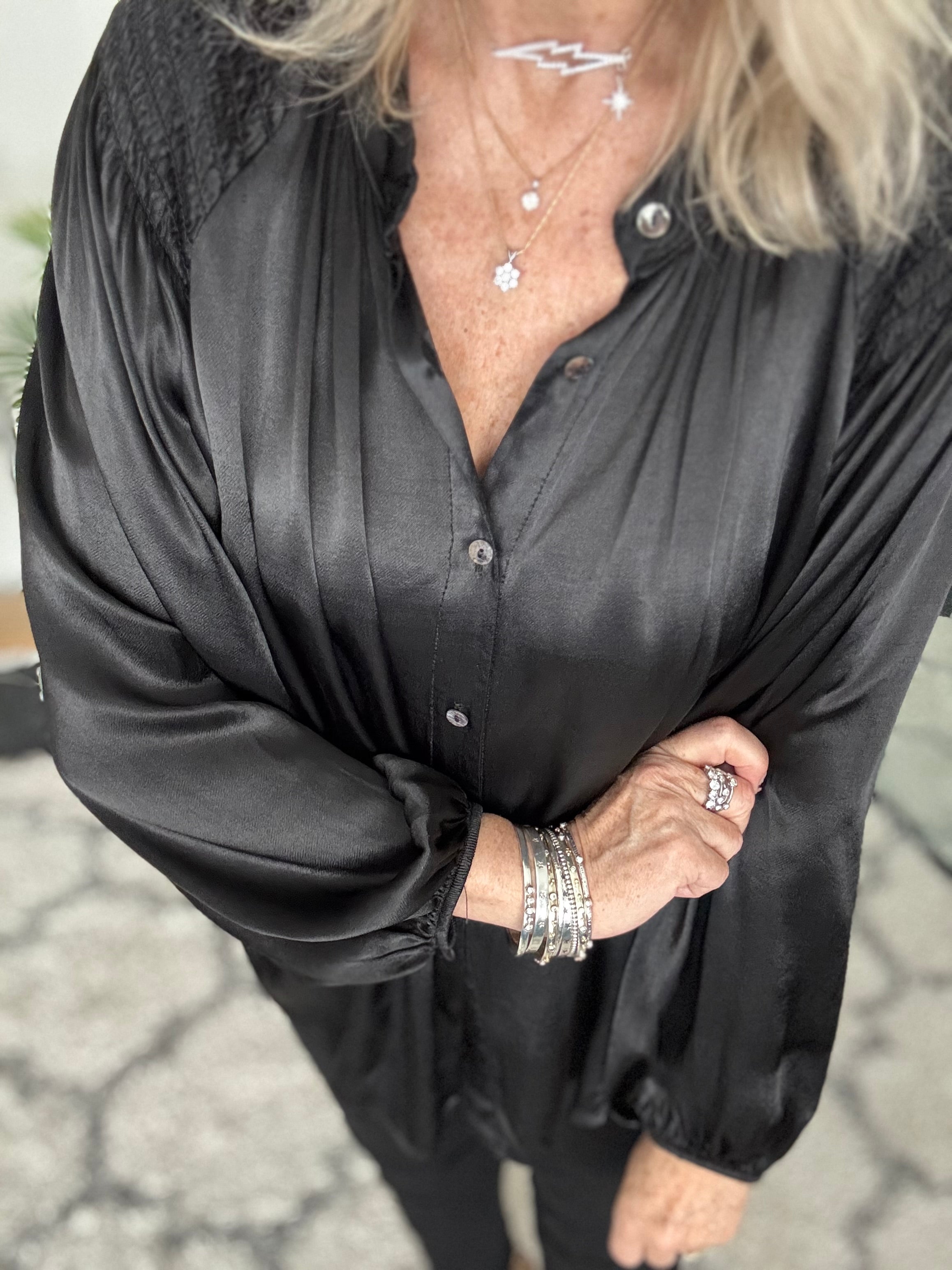 Silky Shirred Blouse in Black