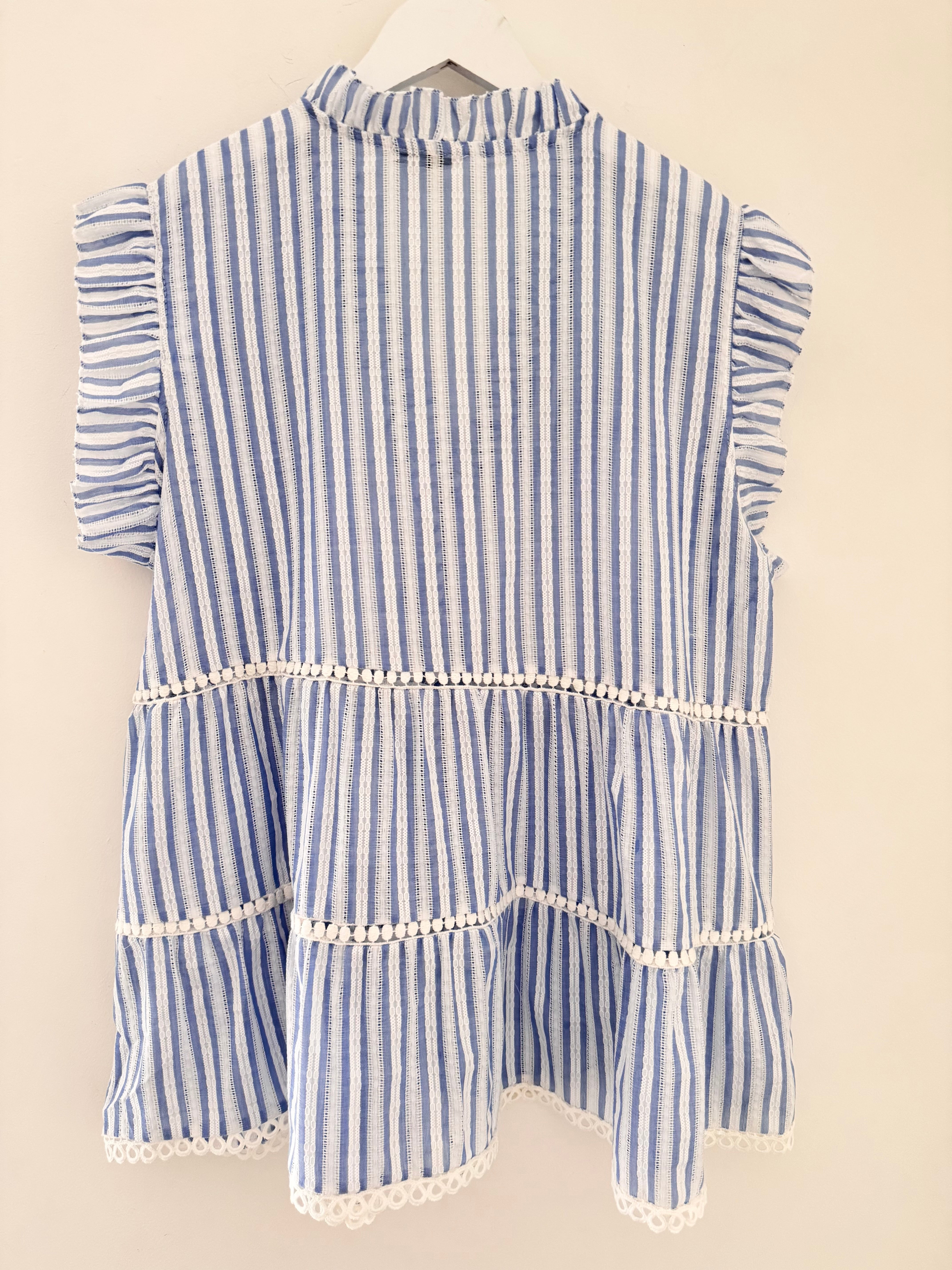 Tiered Cotton Top in Blue & White Stripe