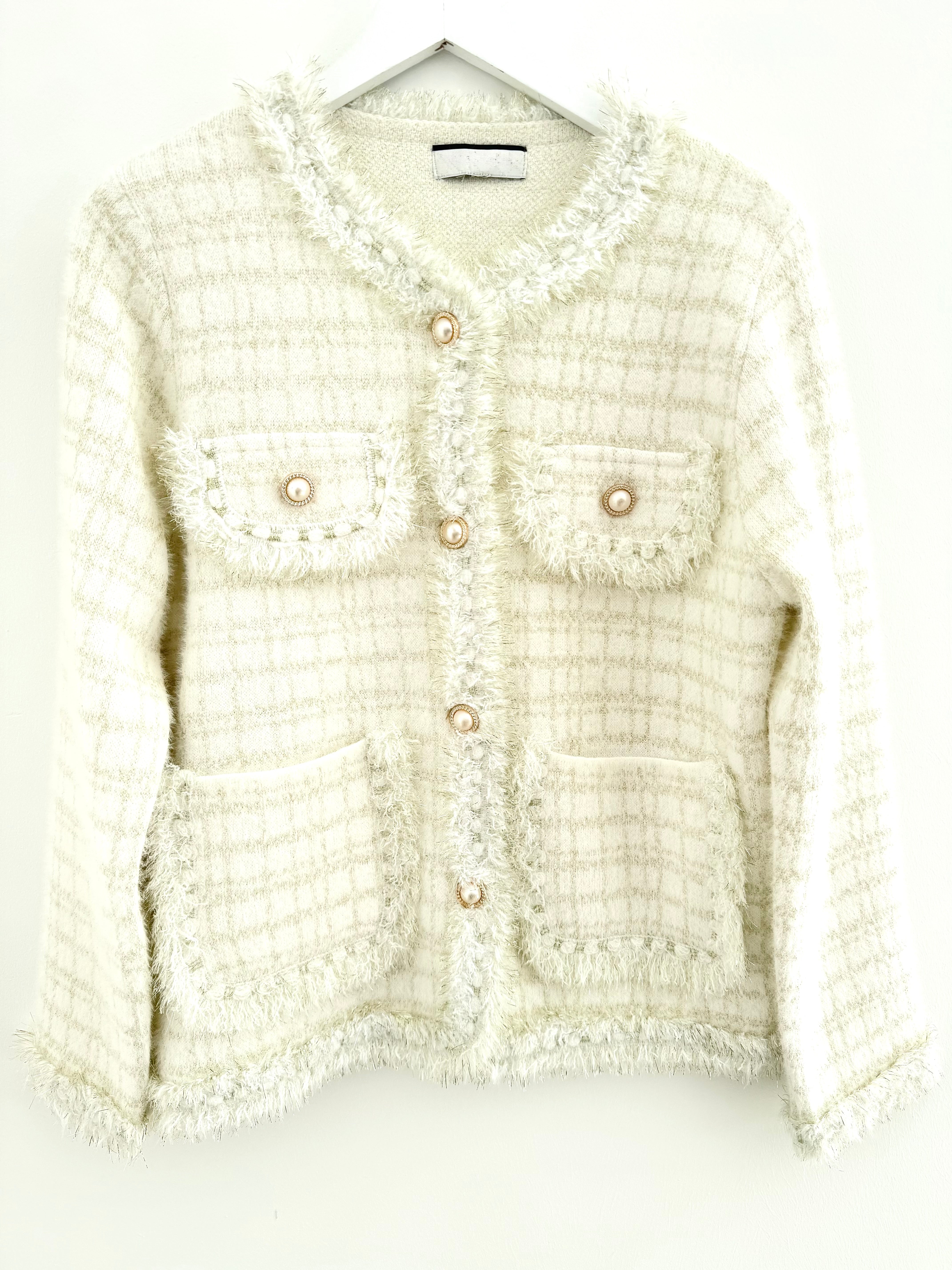 Pearl Button & Tweed Cardi Jacket in Ivory & Gold