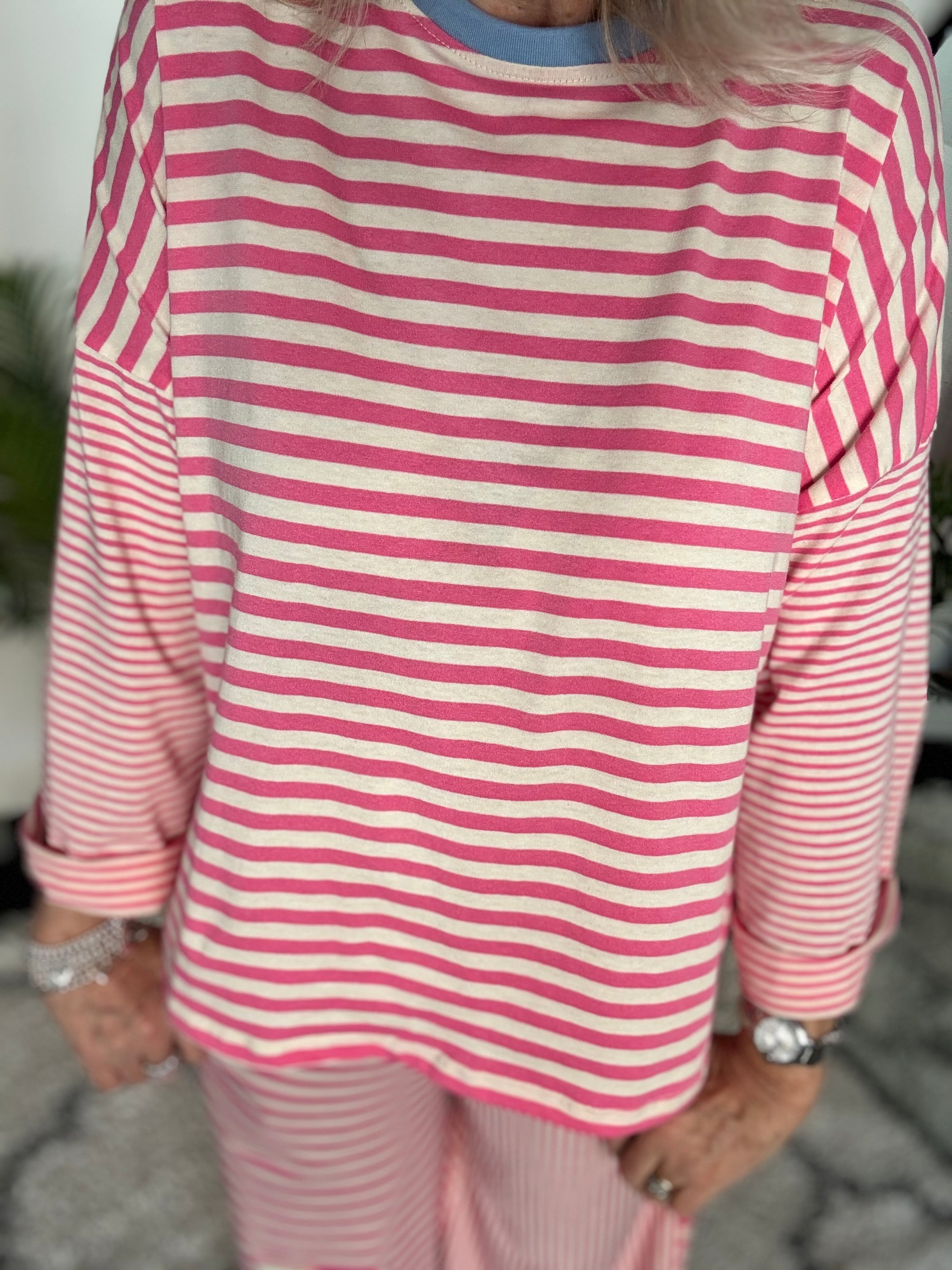 Long Sleeve Stripe Top in Pink & White