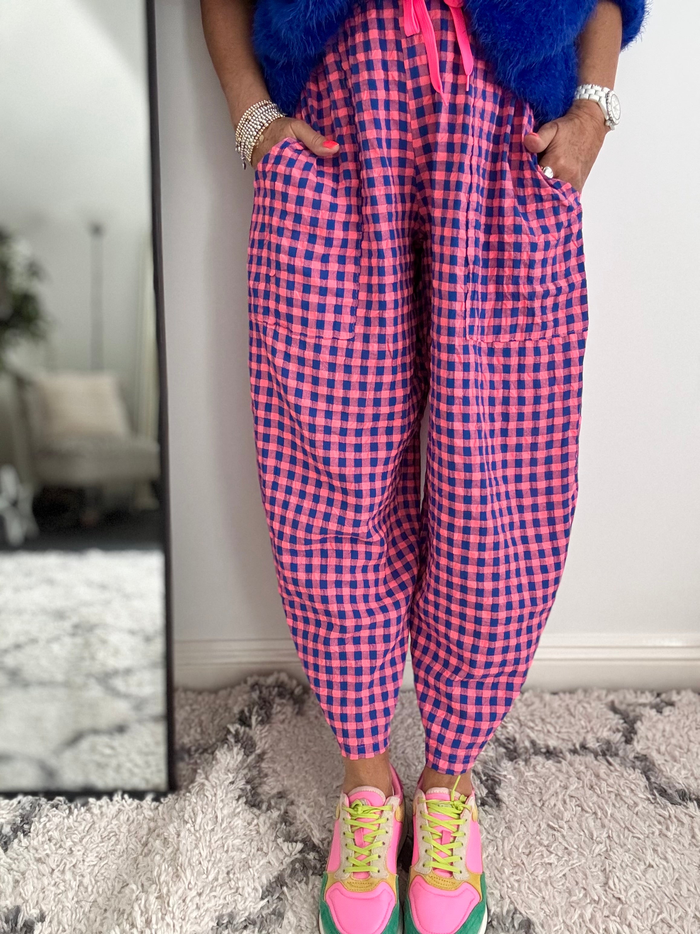 Barrel Check Trousers in Pink & Blue