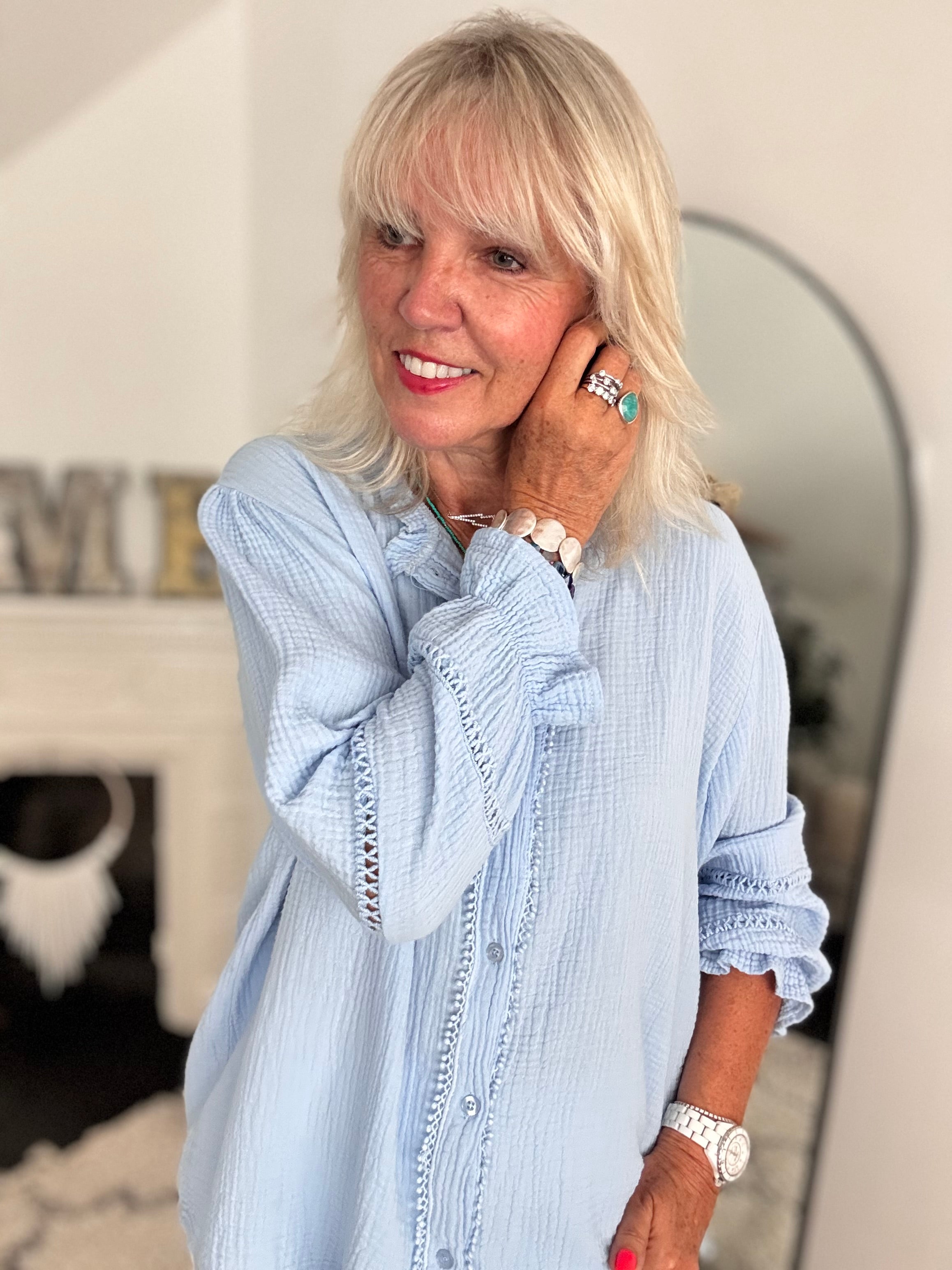 Detailed Cheesecloth Shirt in Light Blue