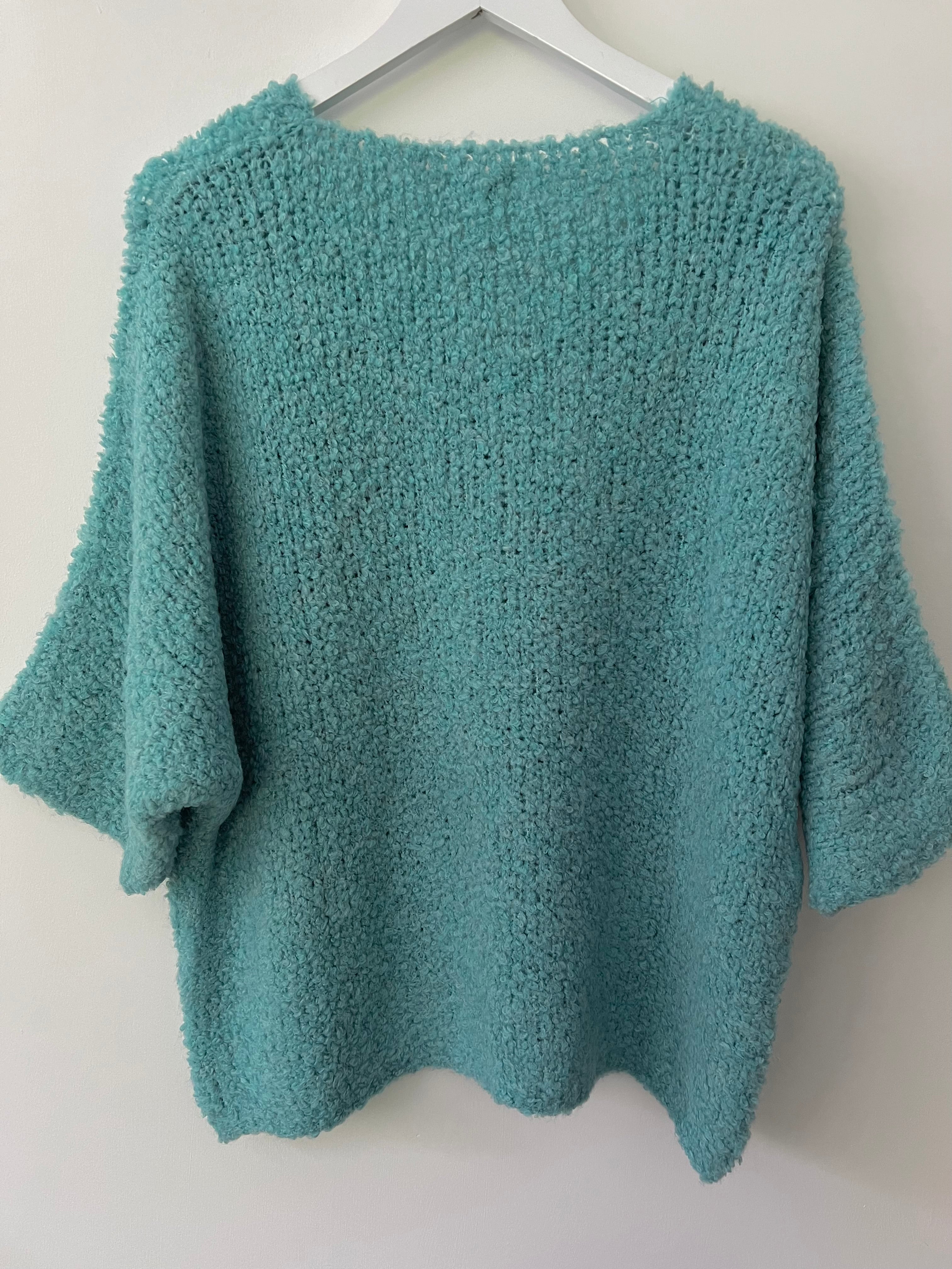 Cropped Sleeve Boucle Knit in Aqua Green