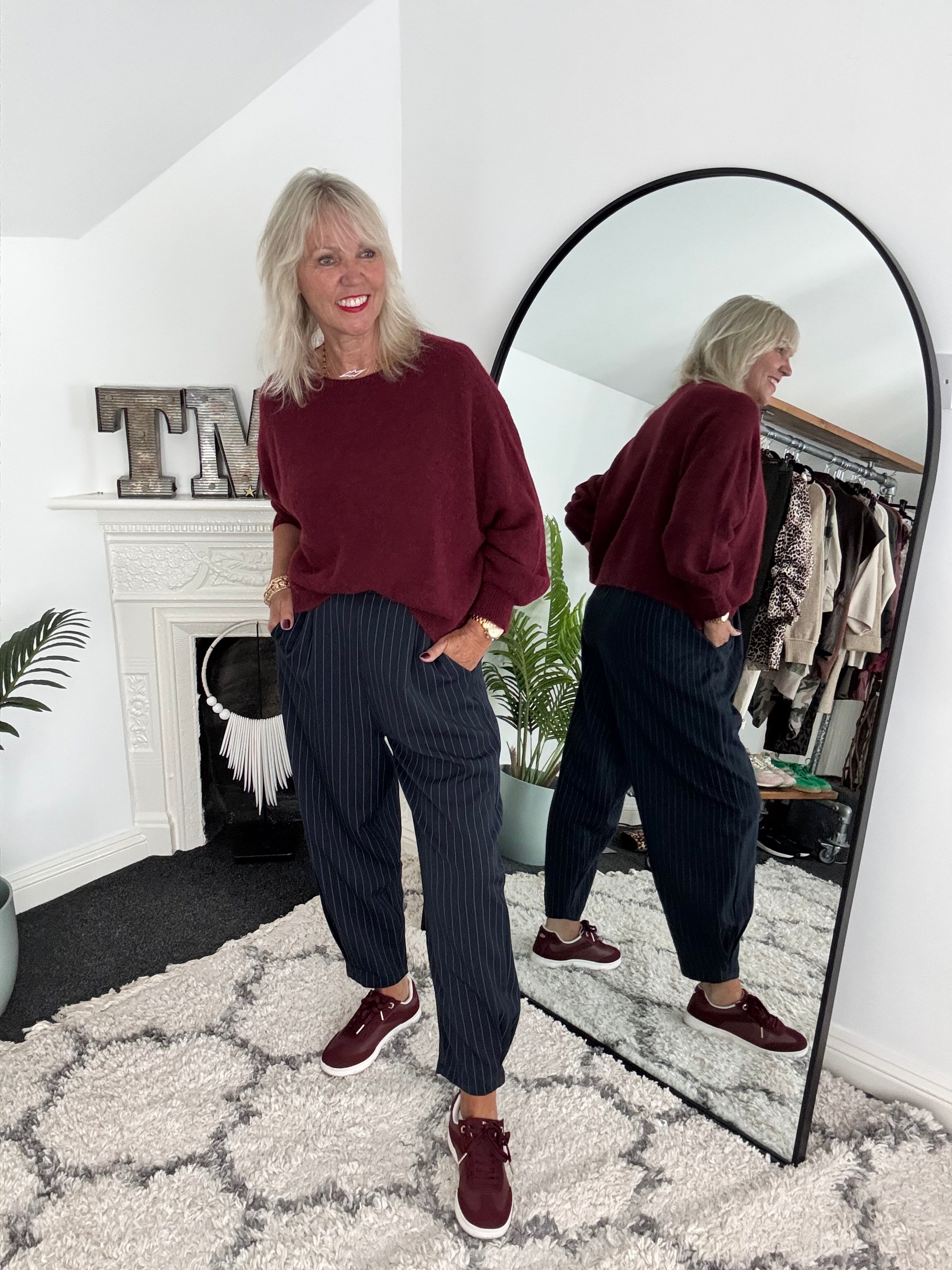 Pinstripe Barrel Leg Trousers in Navy
