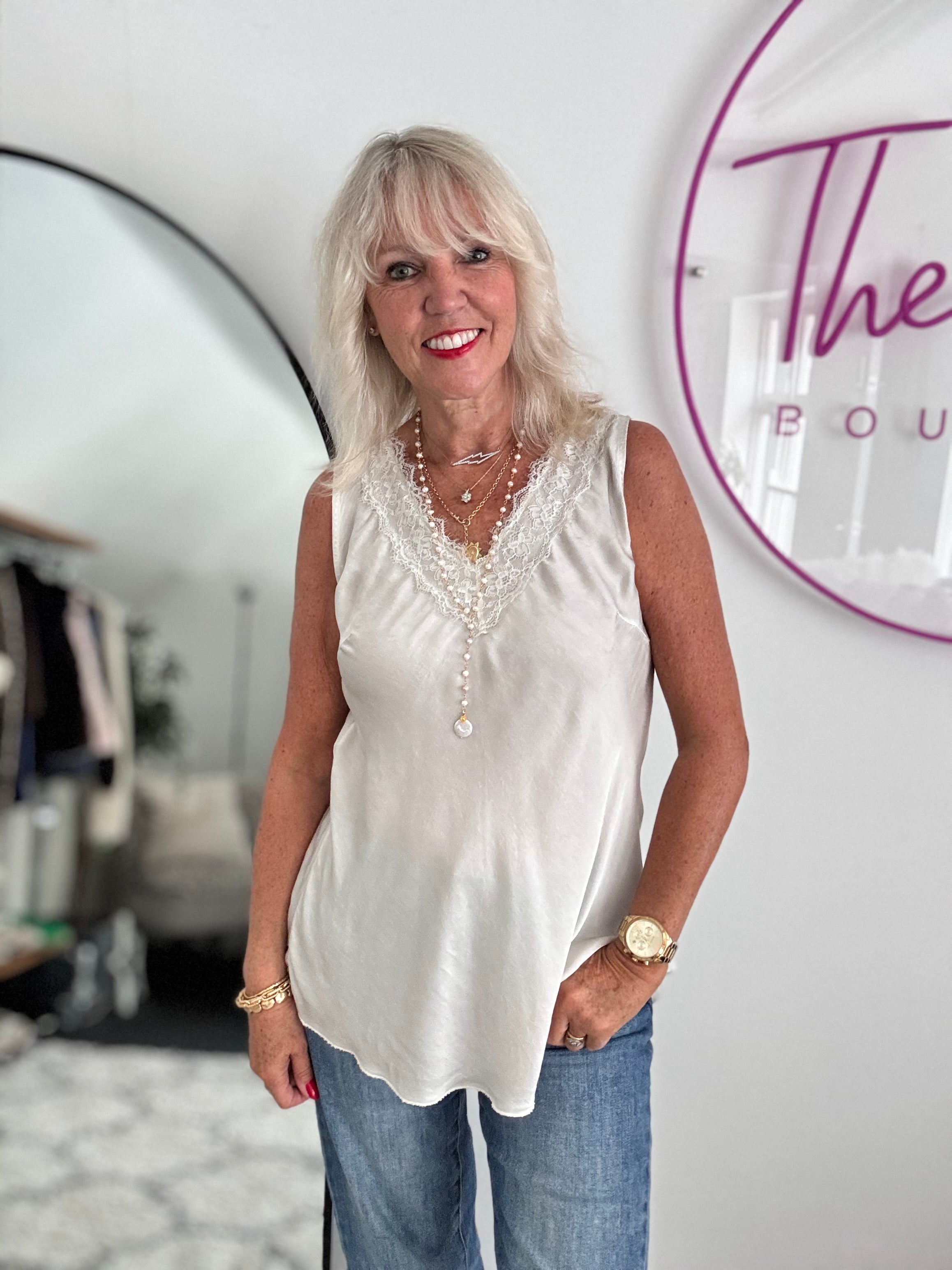 Lace Trim Silk Top in Ecru