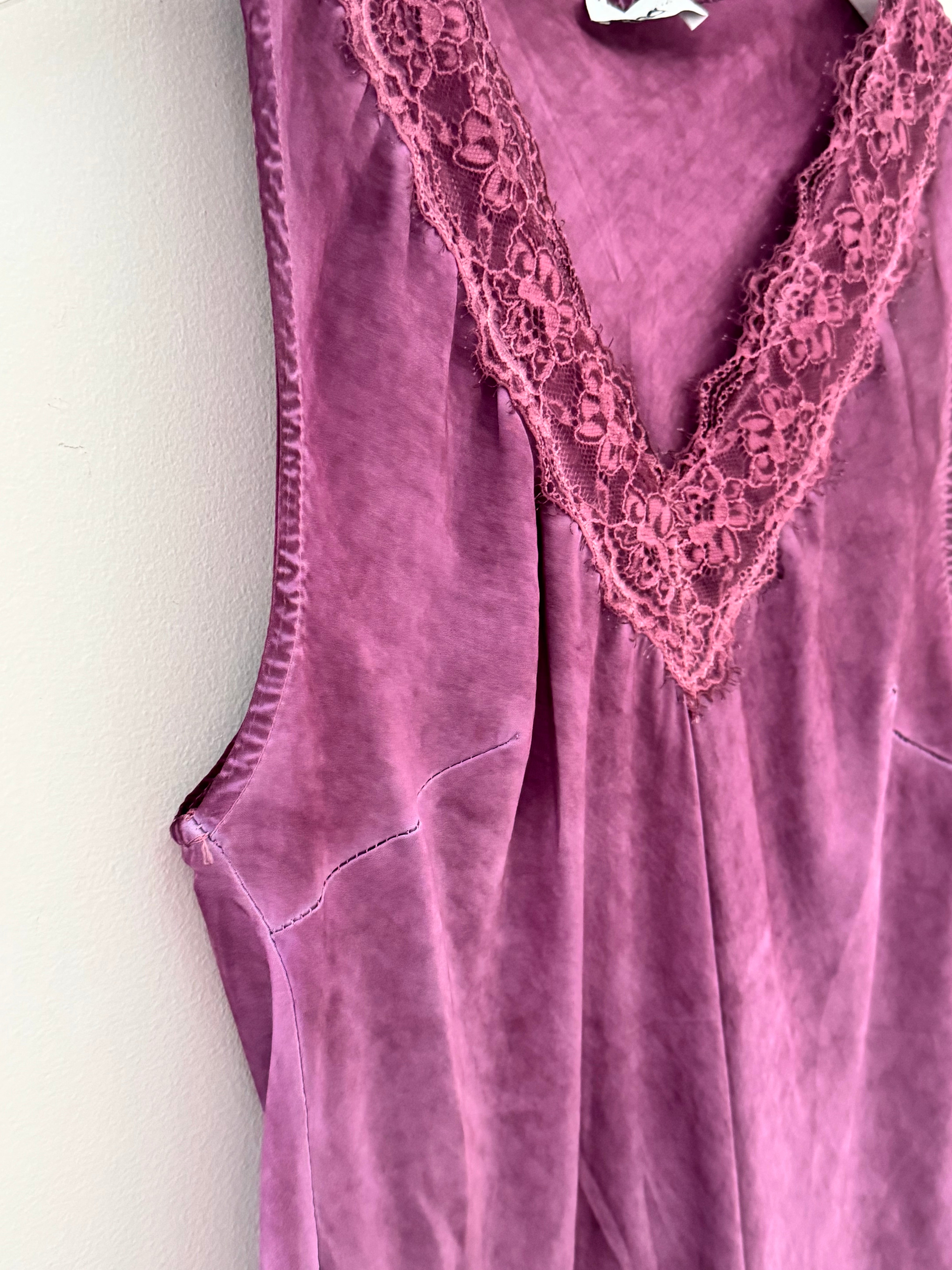 Lace Trim Silk Top in Soft Plum