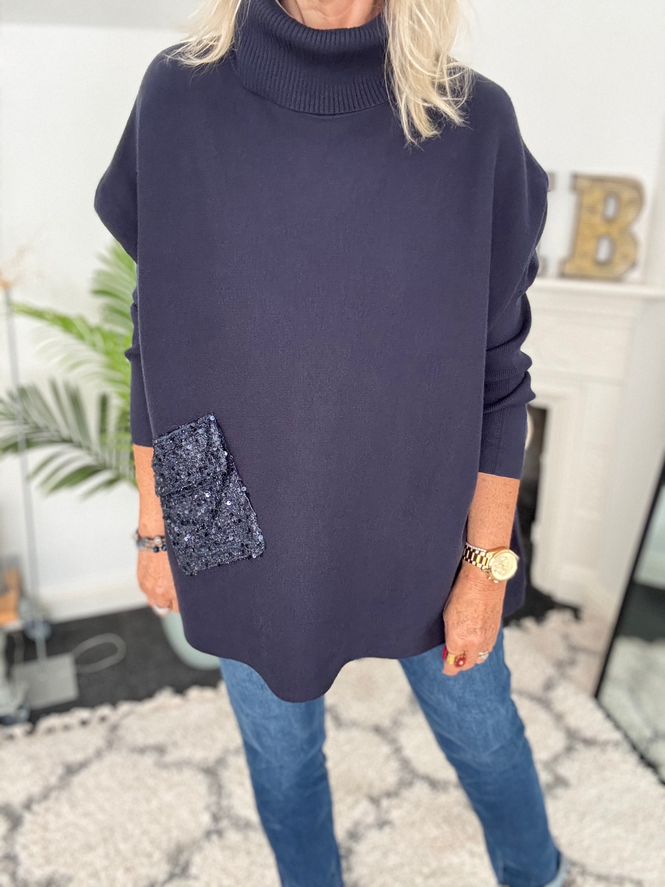 Oversized Roll Neck Poncho Jumper in Ink