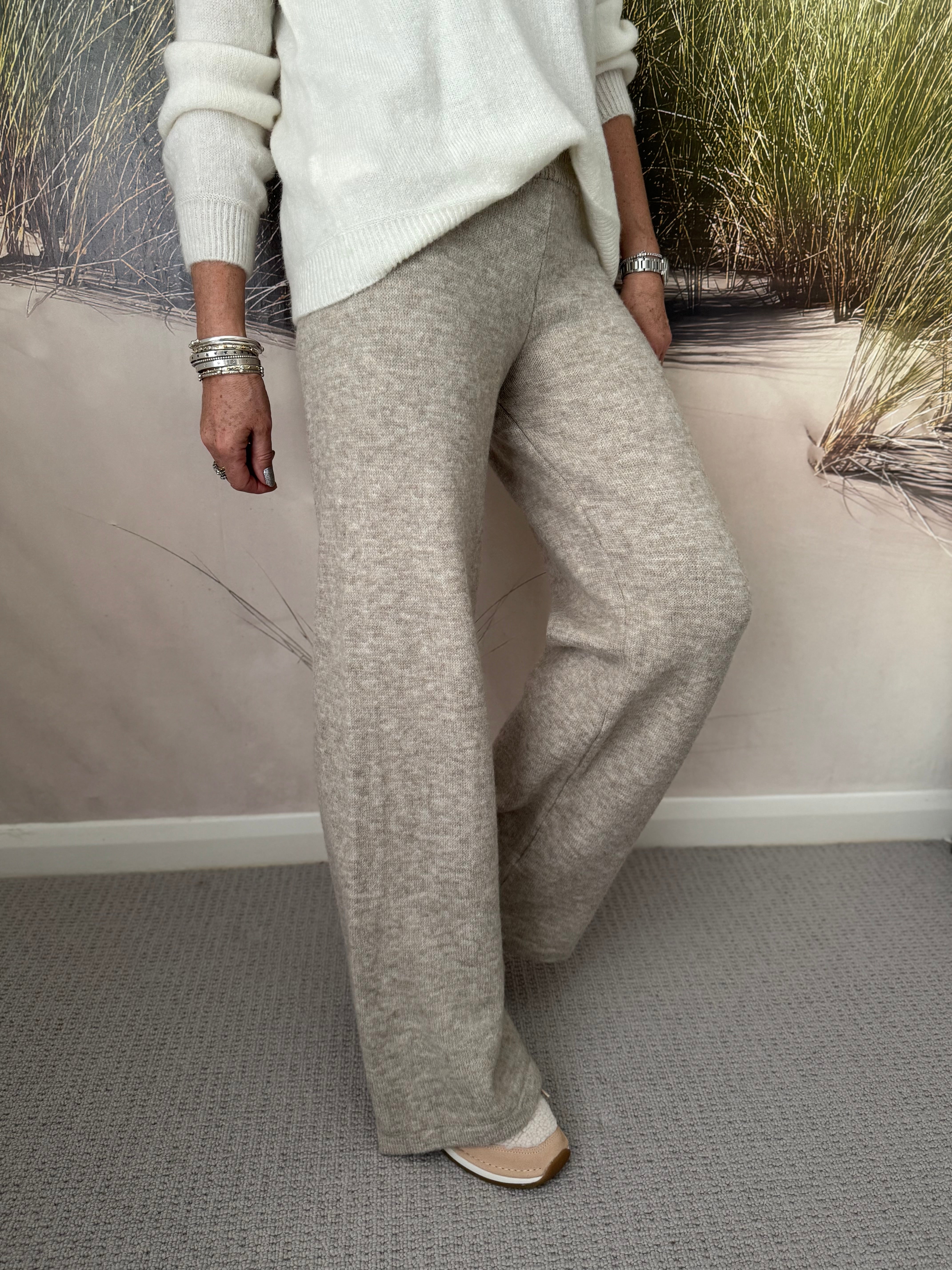 Wide Leg Knitted Trousers in Dark Stone