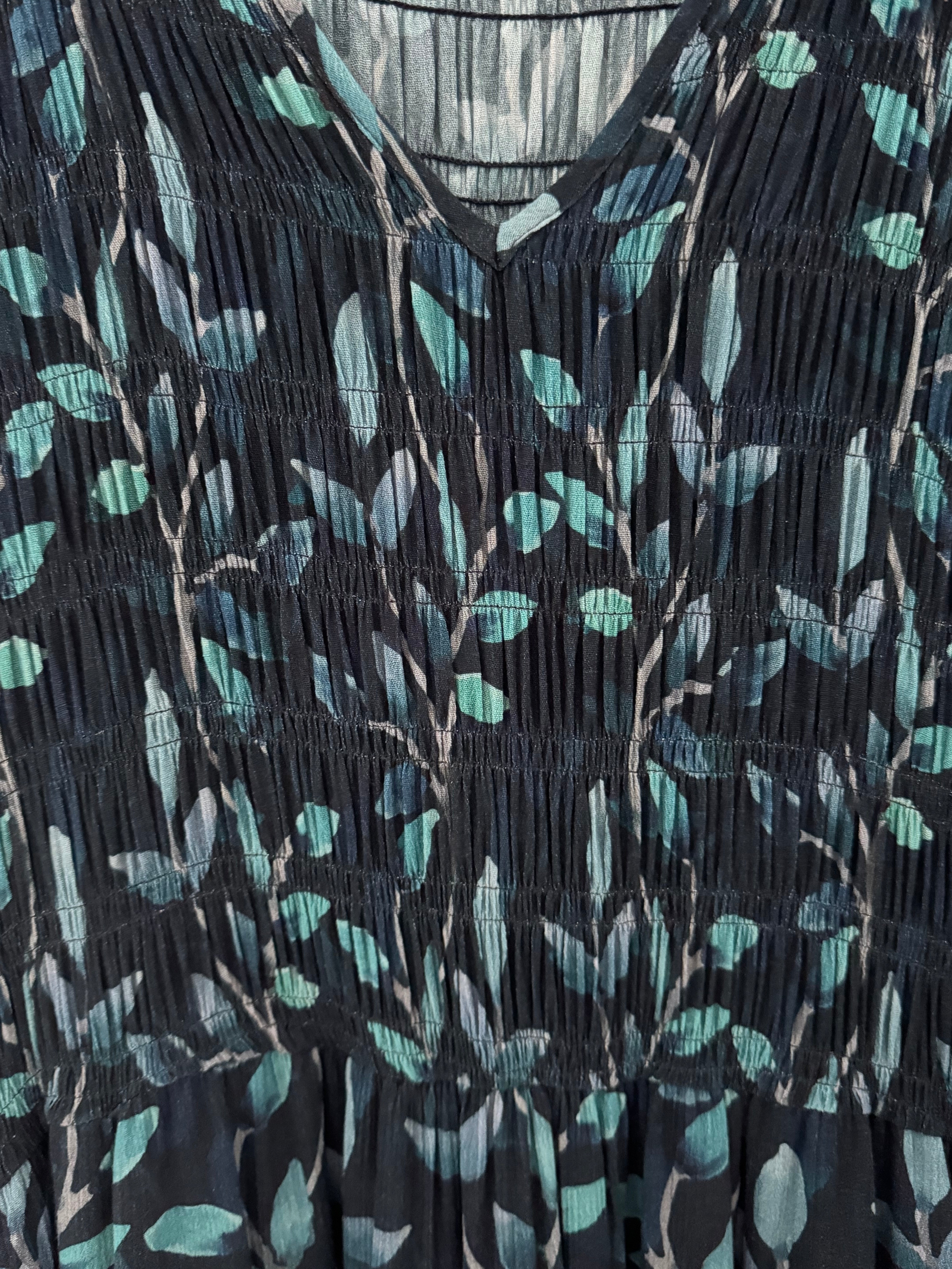 Leaf Print Dress with Shirred Bodice in Teal