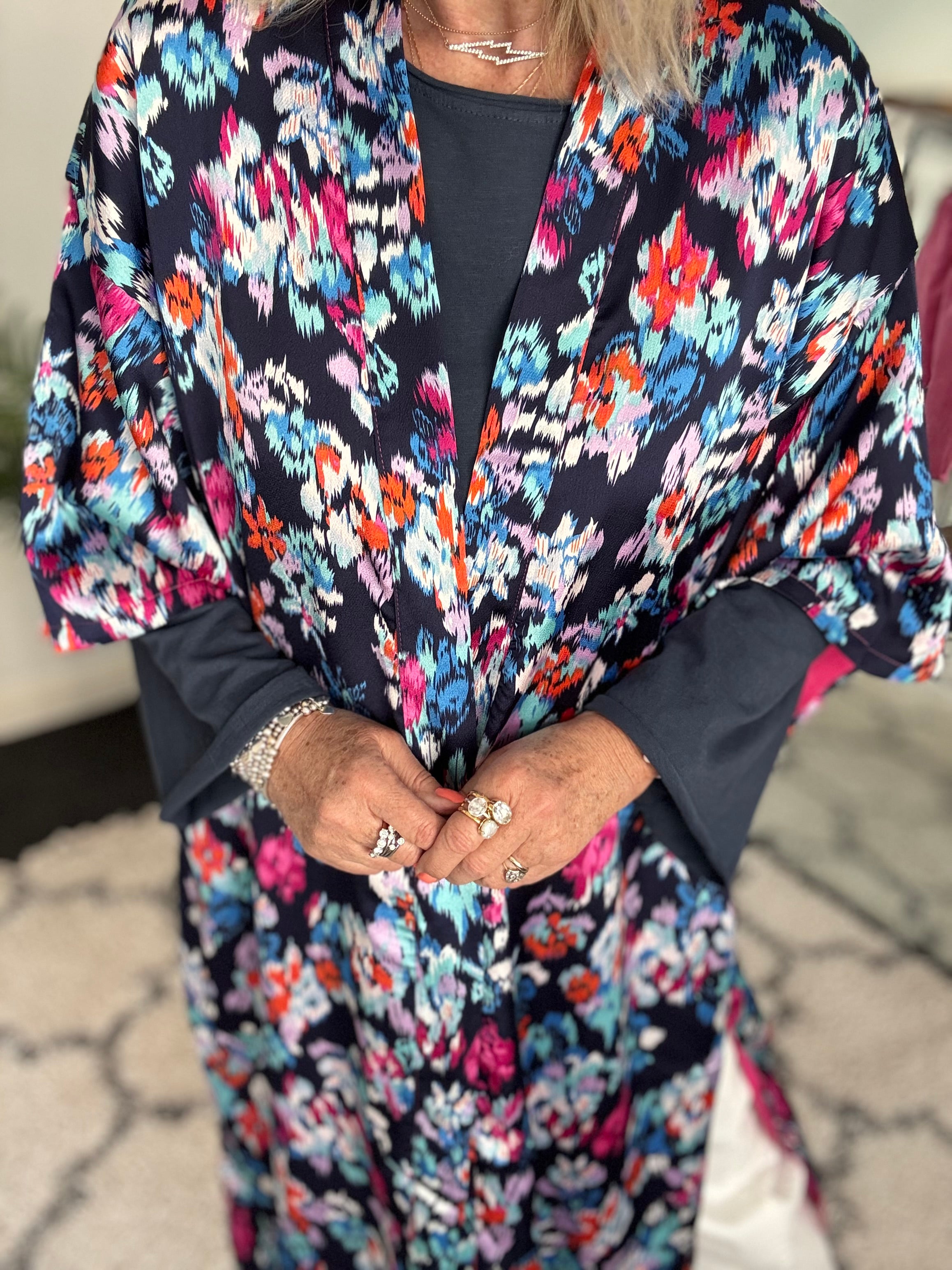 Silky Long Kimono in Blues & Pinks