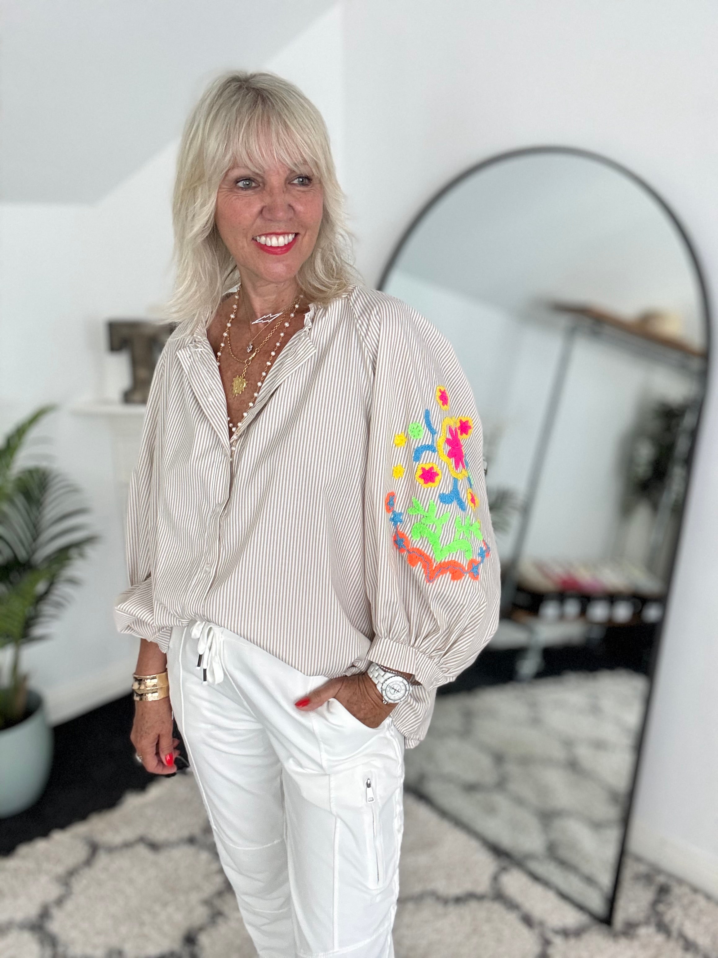 Designer Stripe Shirt with Neon Embroidered Sleeves in Stone