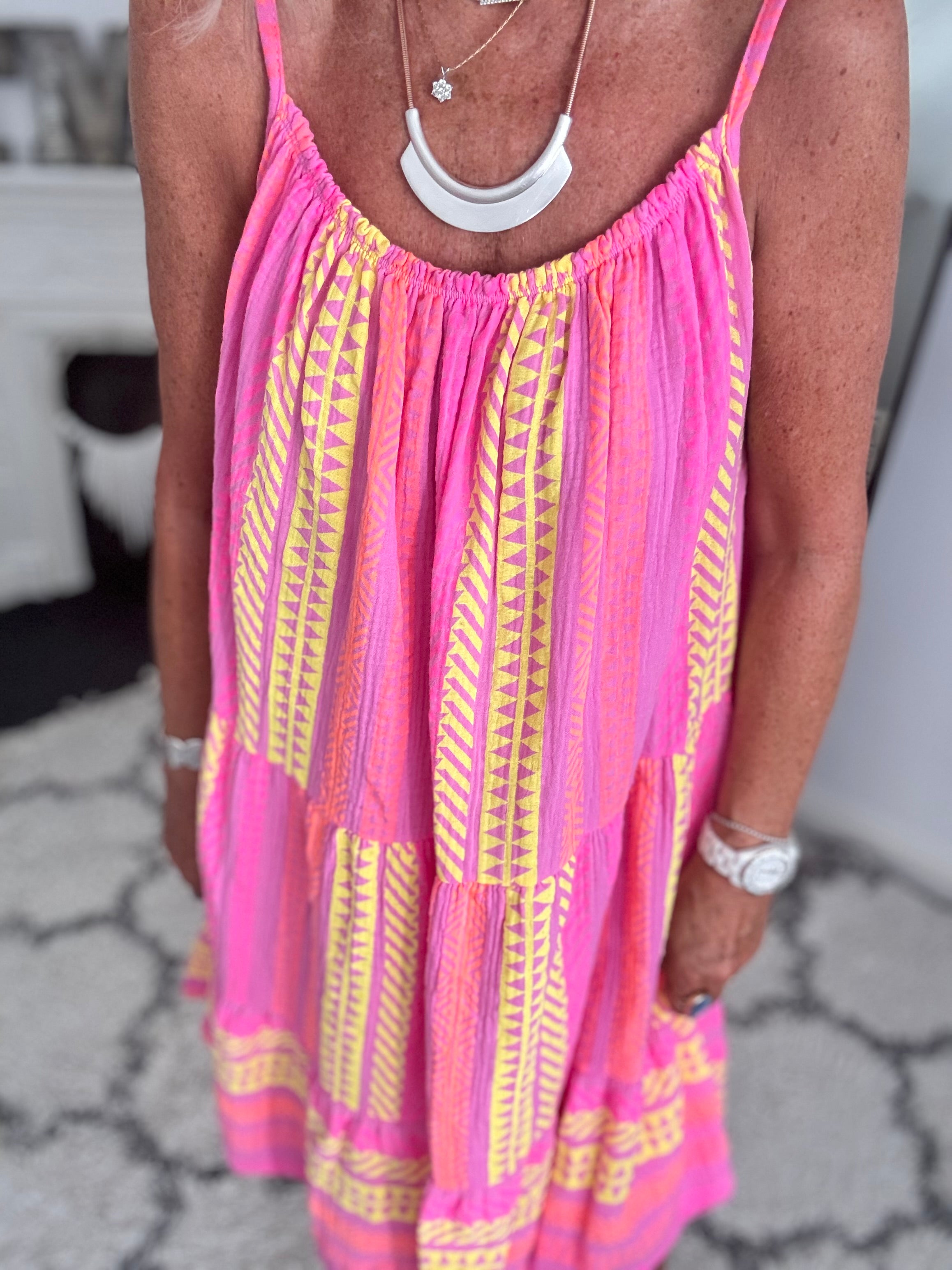 Aztec Cheesecloth Dress in Candy Pink
