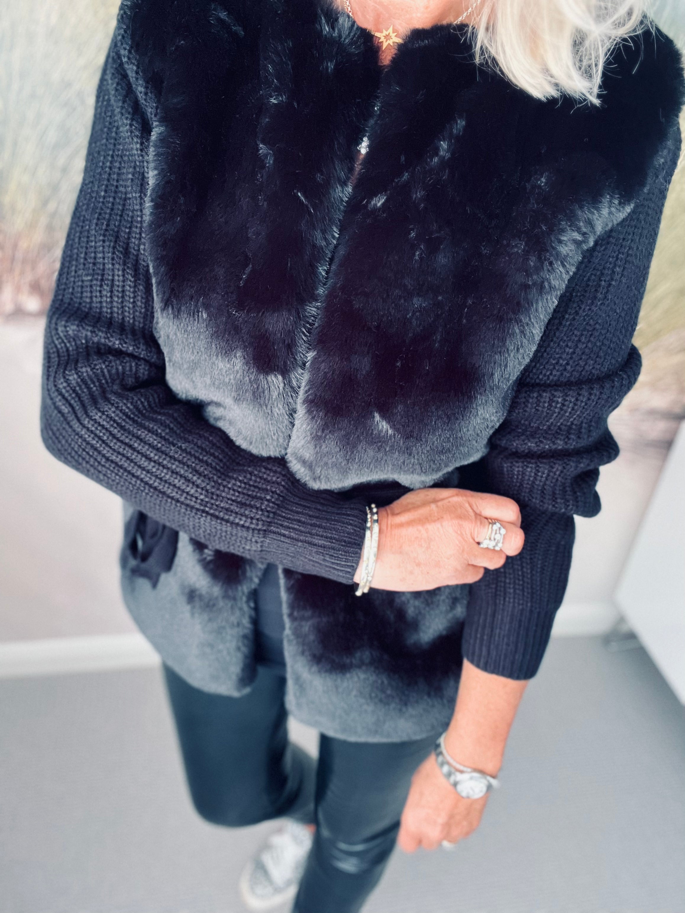 Belted Cardigan with Faux Fur in Black