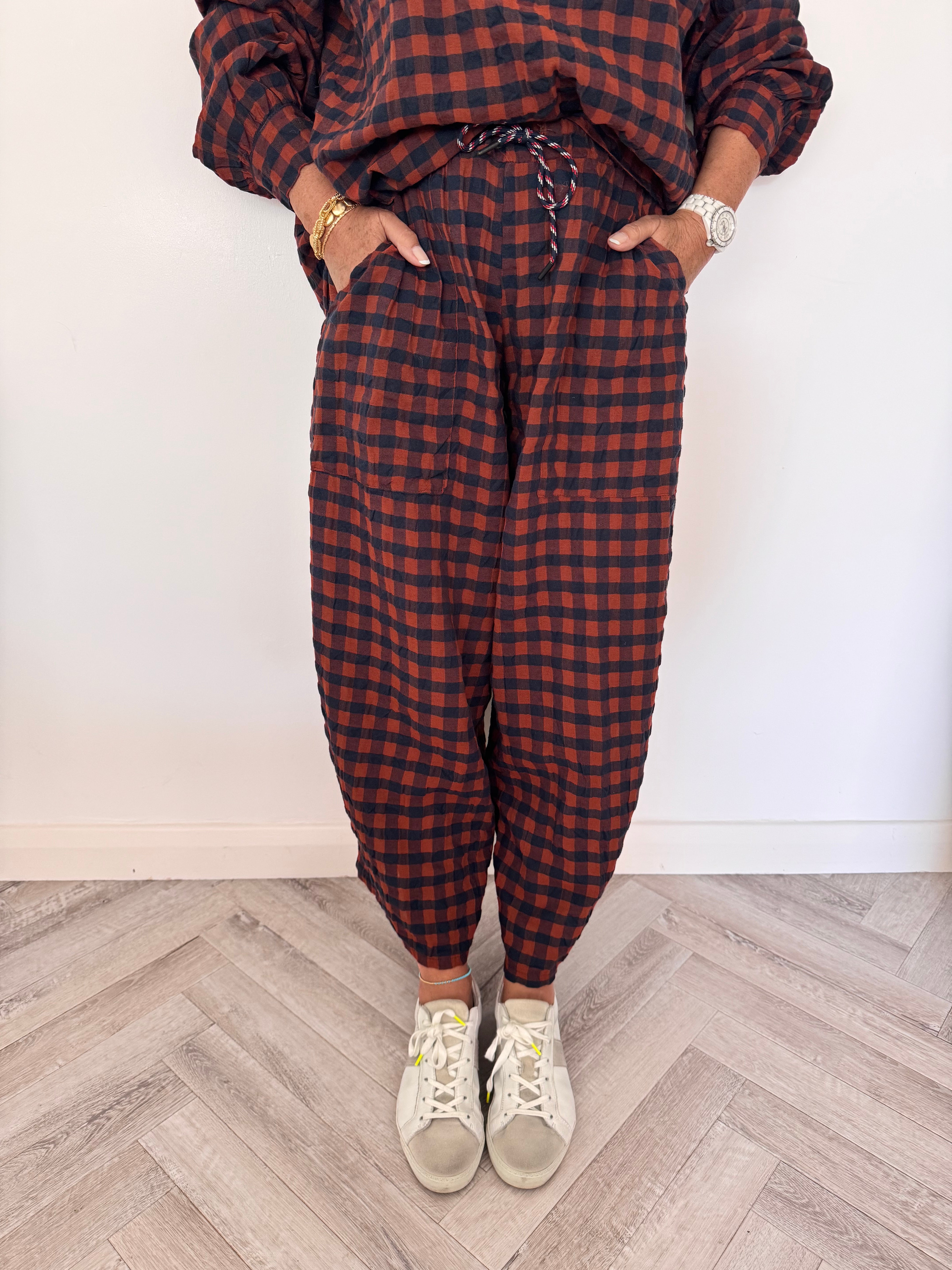 Barrel Check Trousers in Rust & Navy