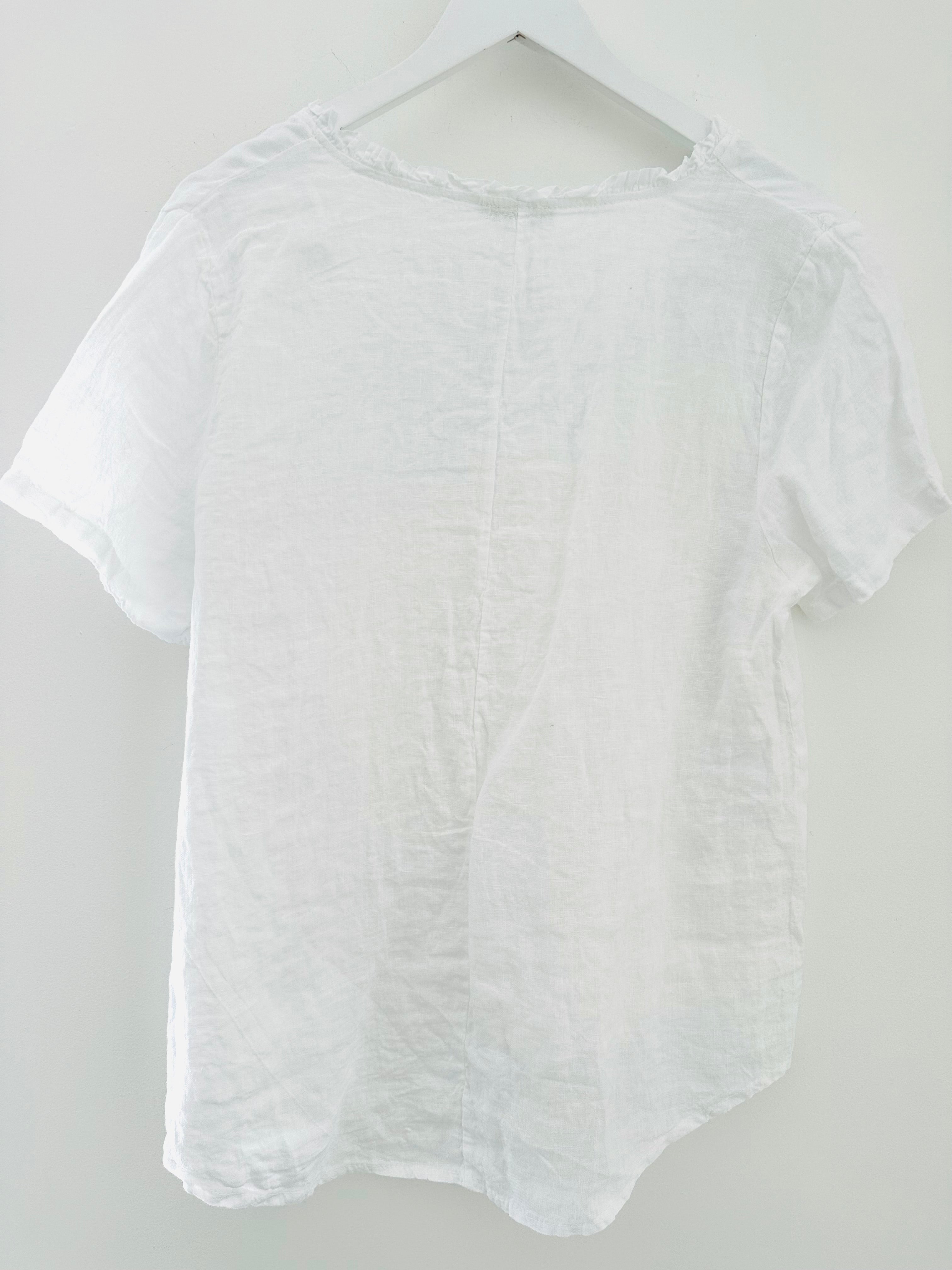 Linen Top with Embroidered Flowers in White