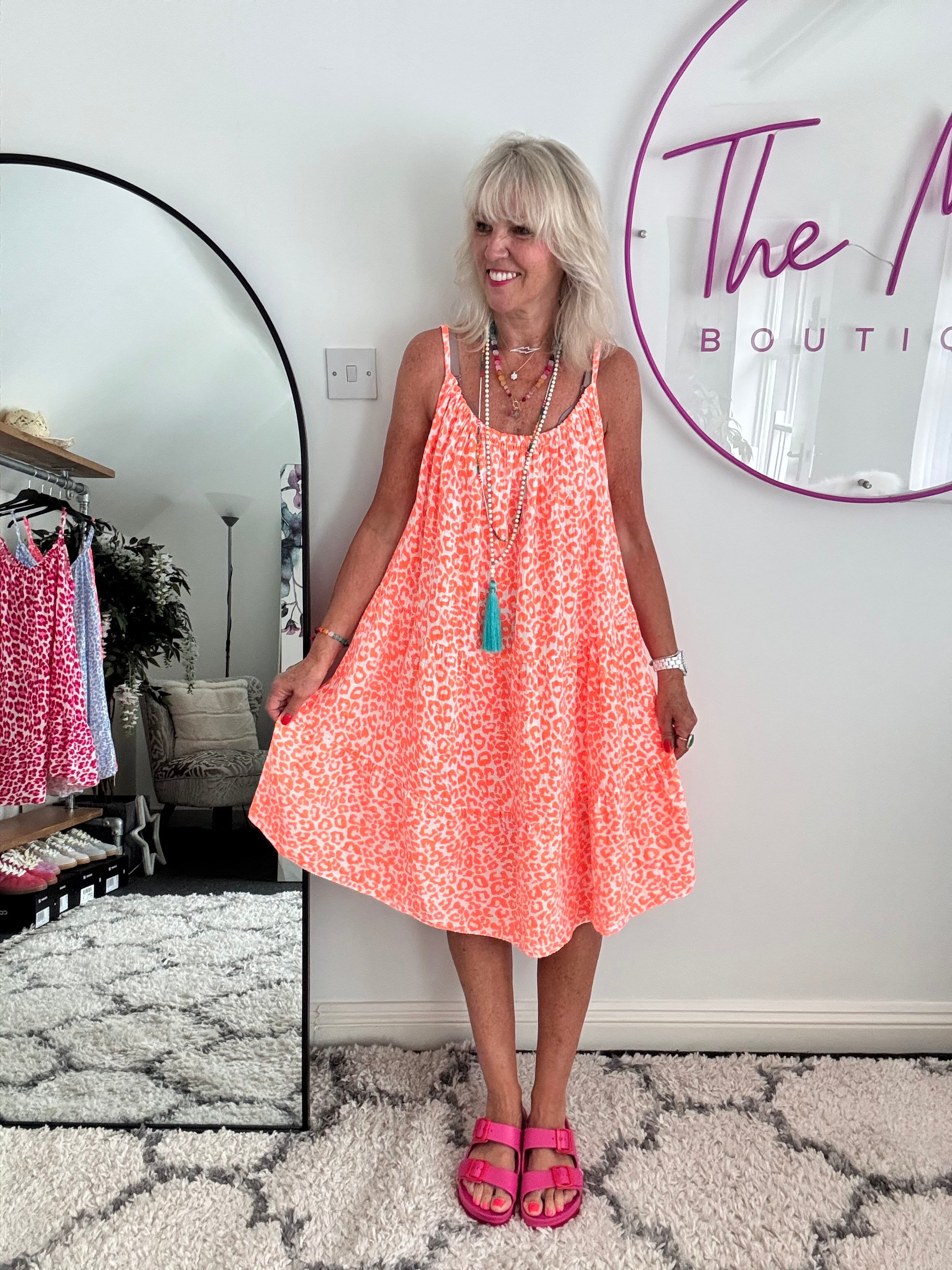 Leopard Cheesecloth Dress in Neon Orange