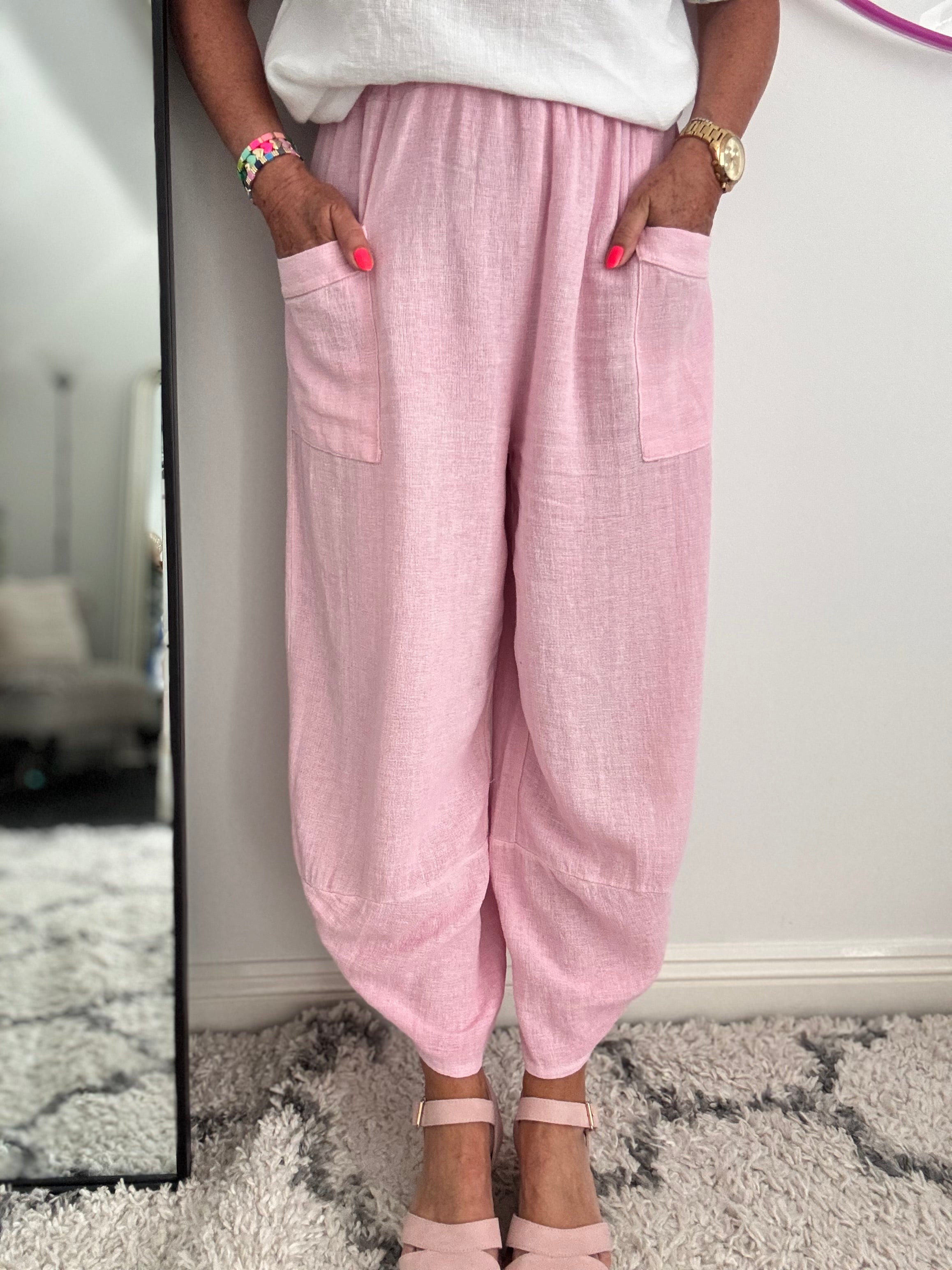 Linen & Cotton Barrel Trousers in Baby Pink