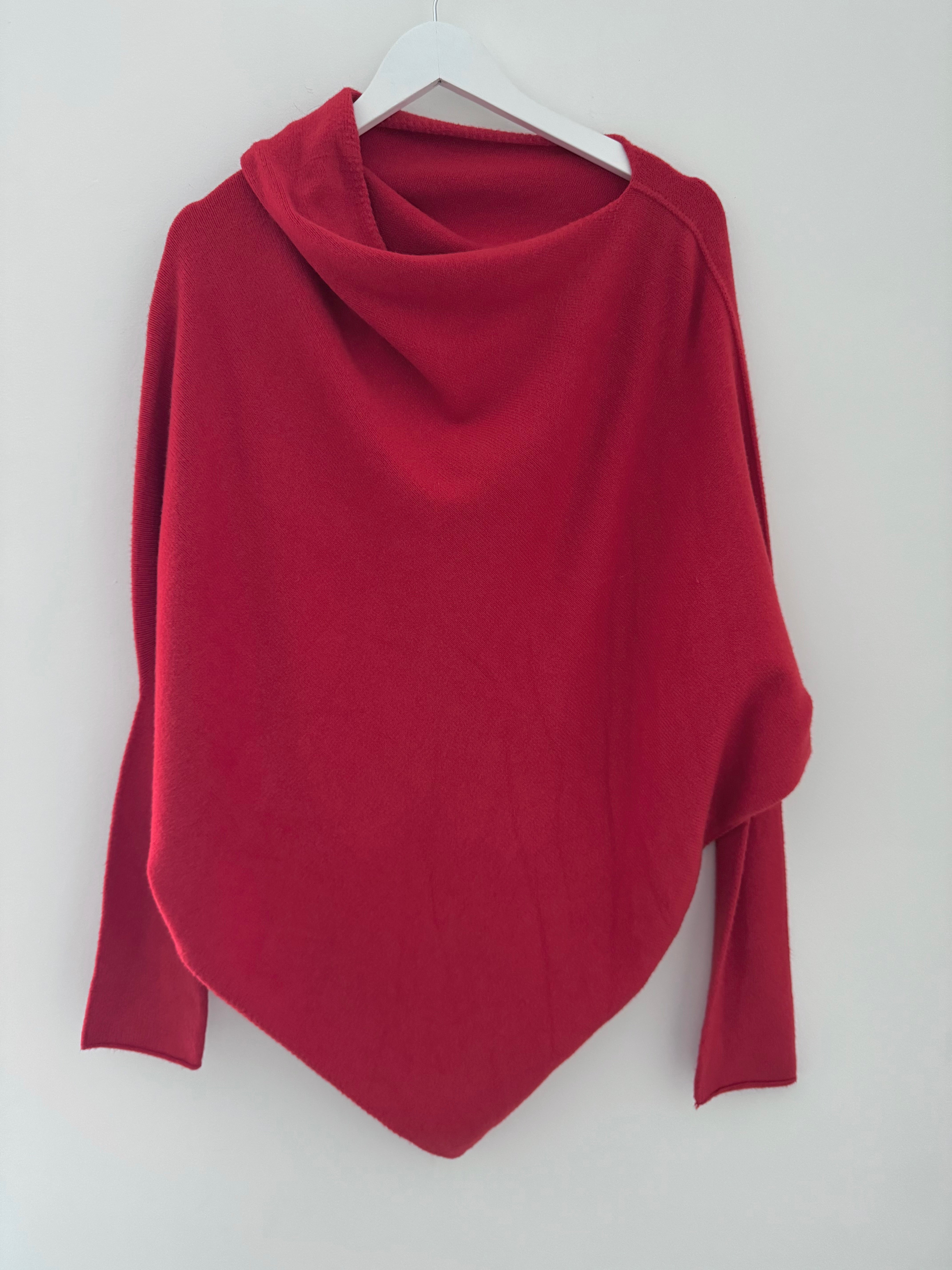 Cowl Neck Asymmetric Jumper in Red