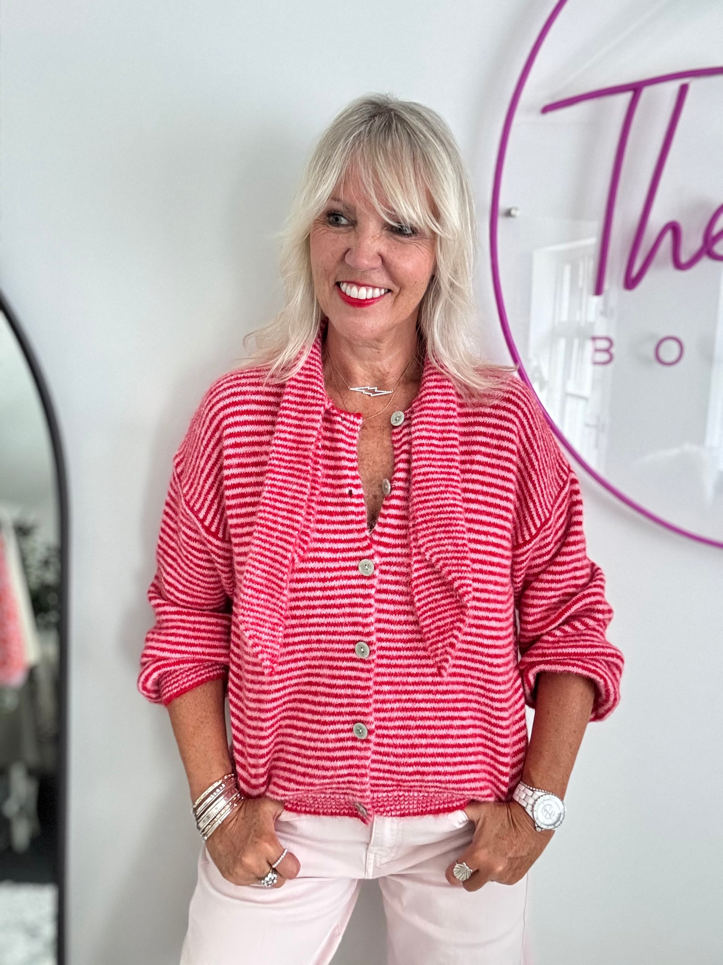 Neck Tie Stripe Cardi in Pink & Red