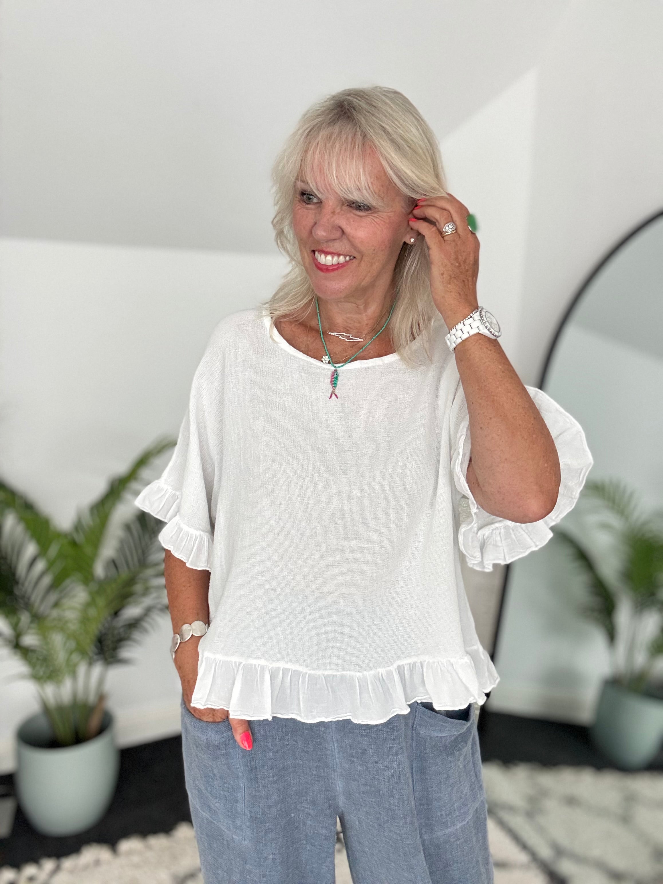 Linen & Cotton Ruffle Edge Top in White