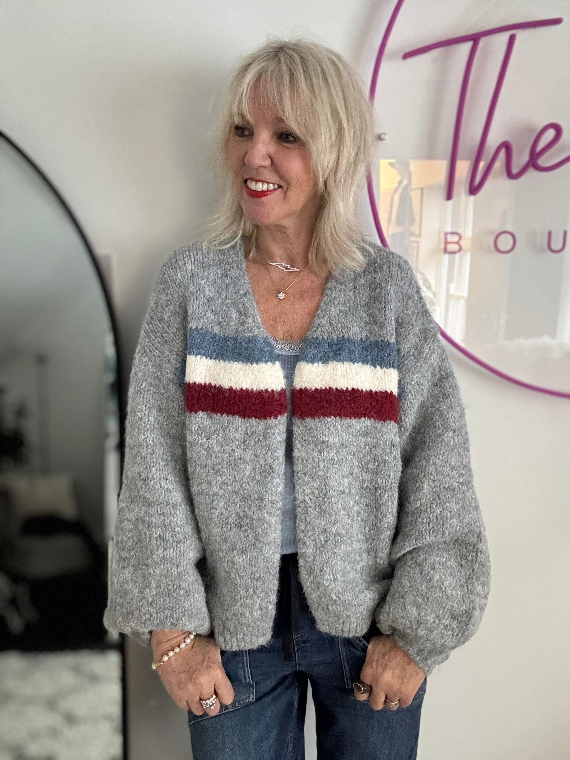 Soft Cardi with Stripes in Grey