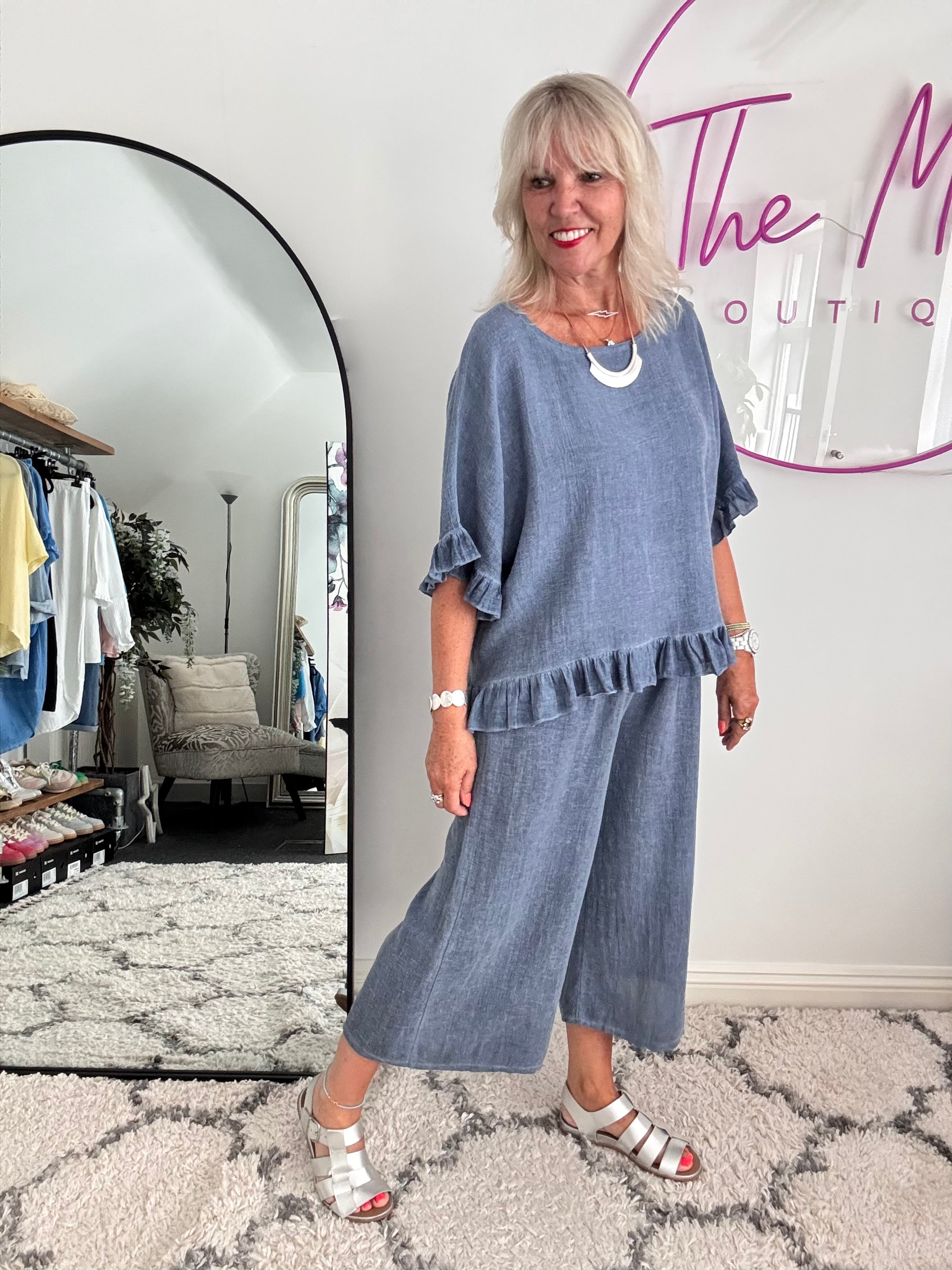 Linen & Cotton Crop Trousers in Denim Blue