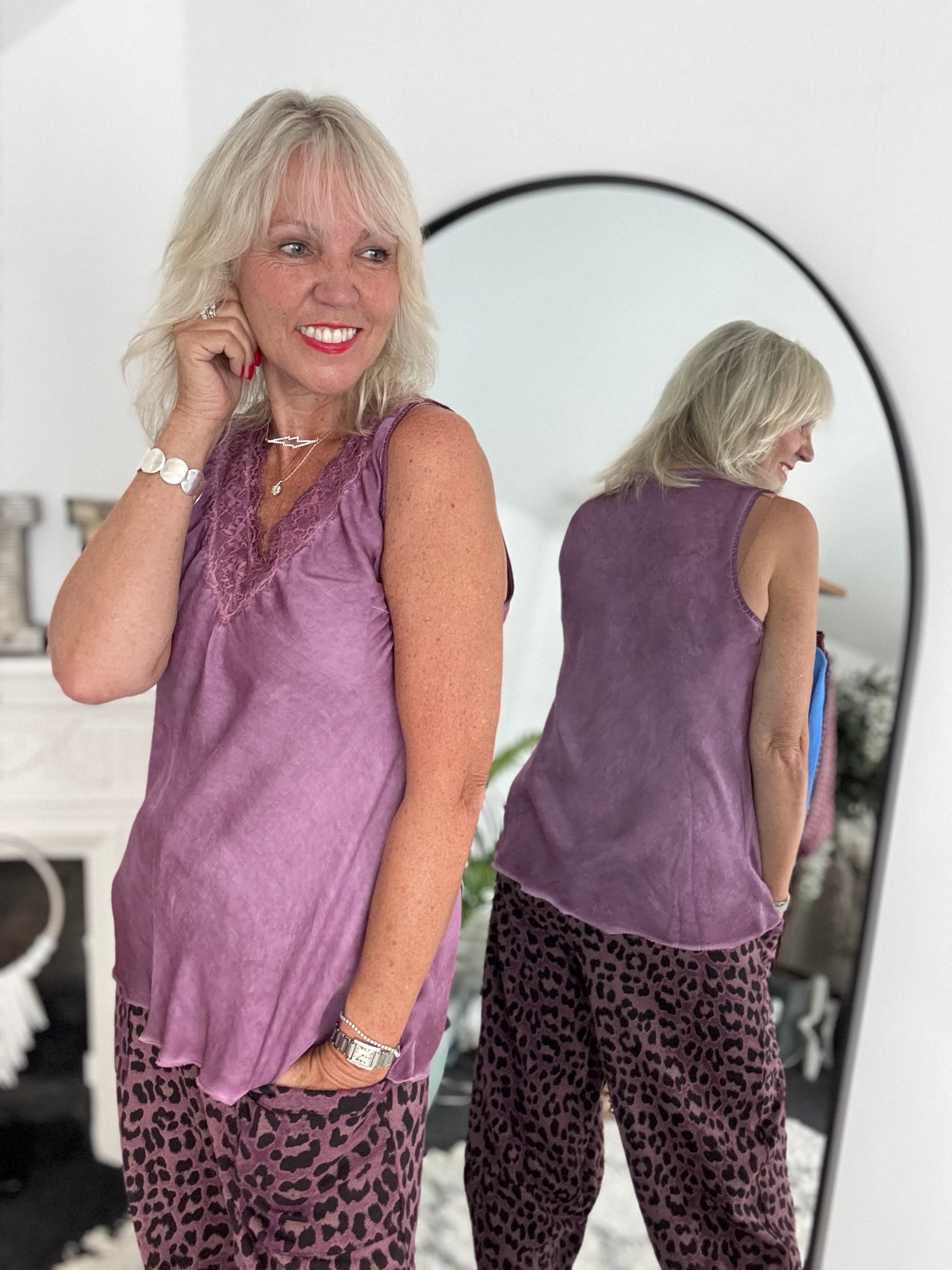 Lace Trim Silk Top in Soft Plum