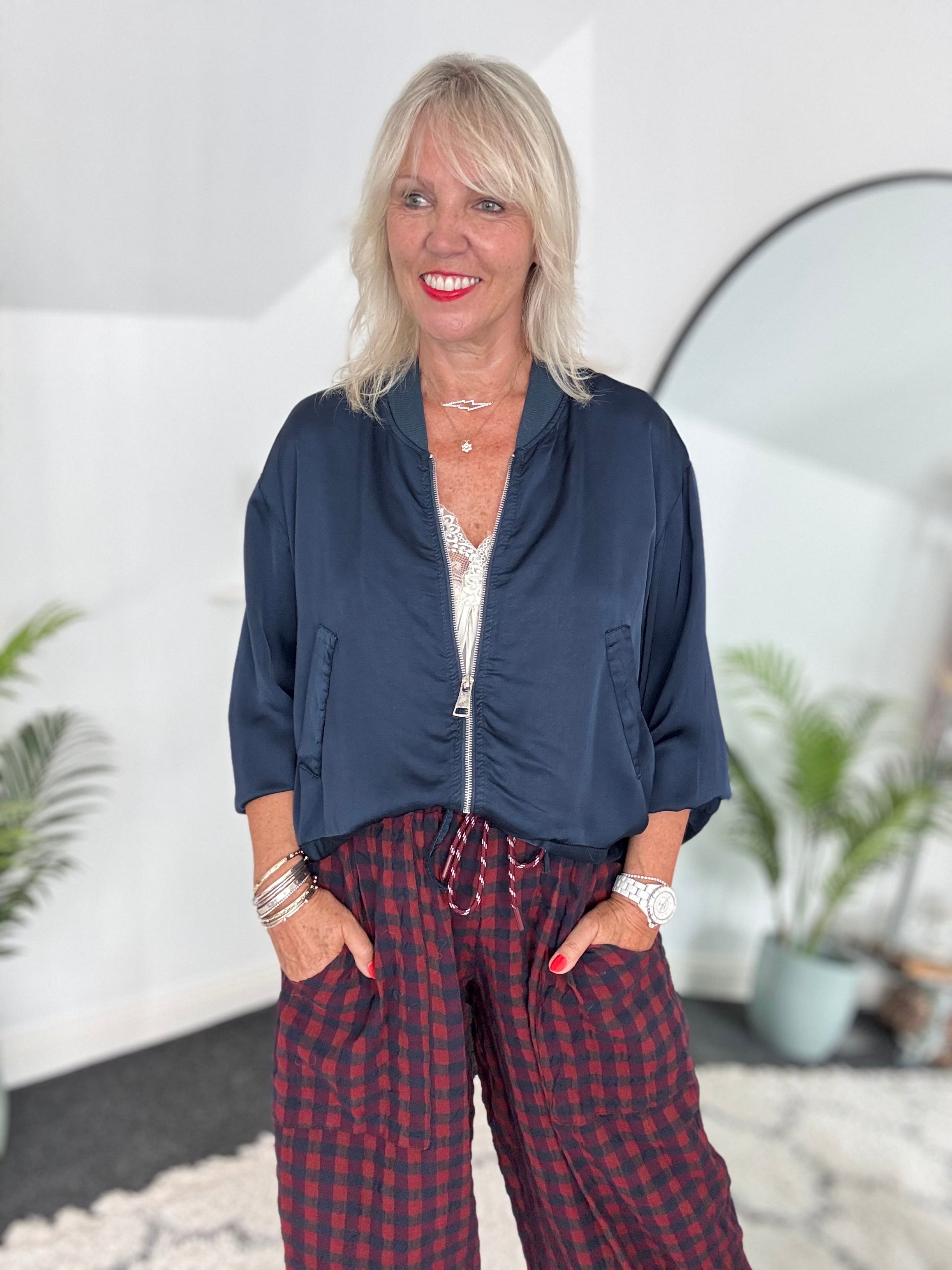 Silky Bomber Jacket in Midnight Blue