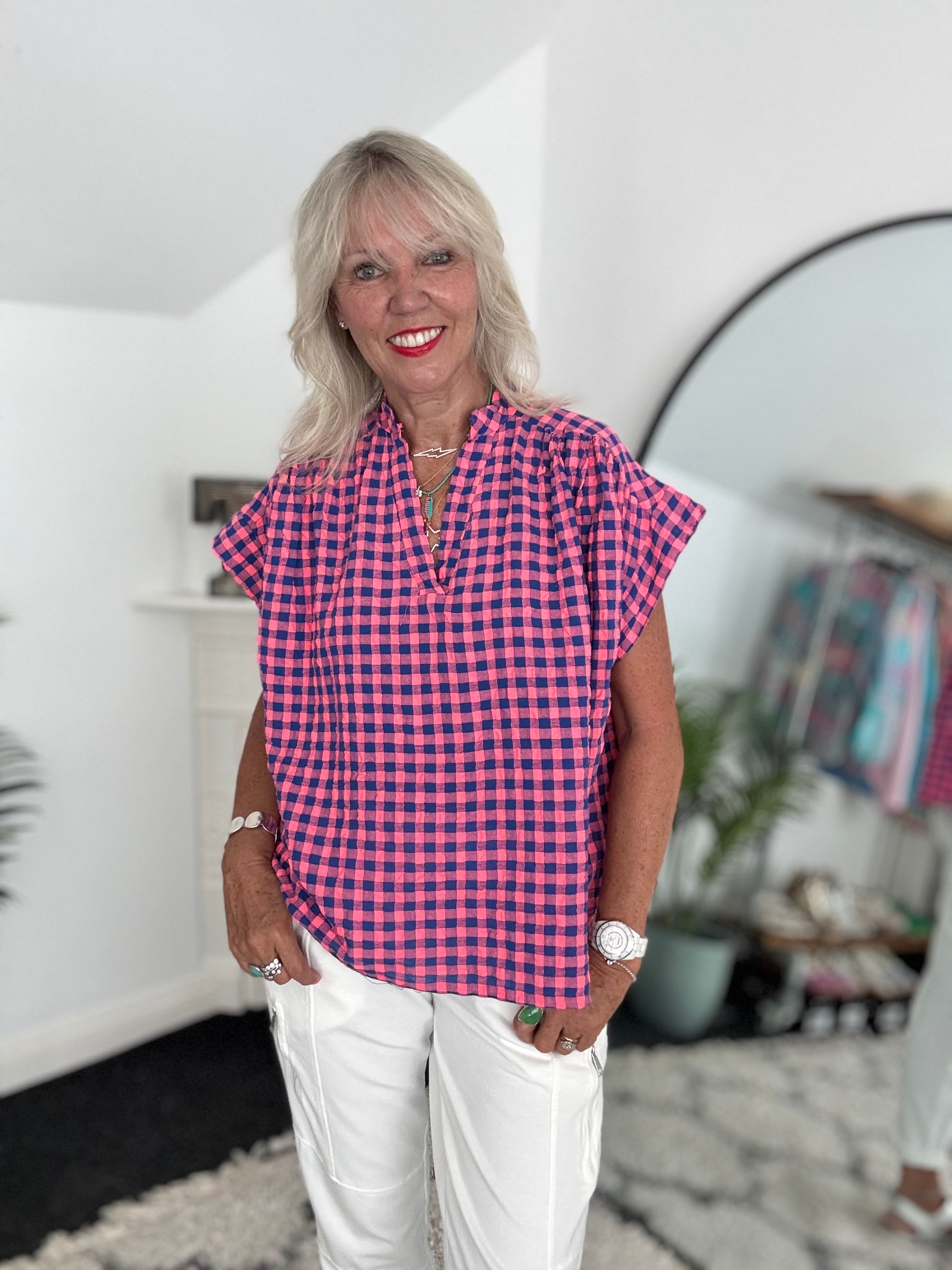 Check Top in Pink & Blue
