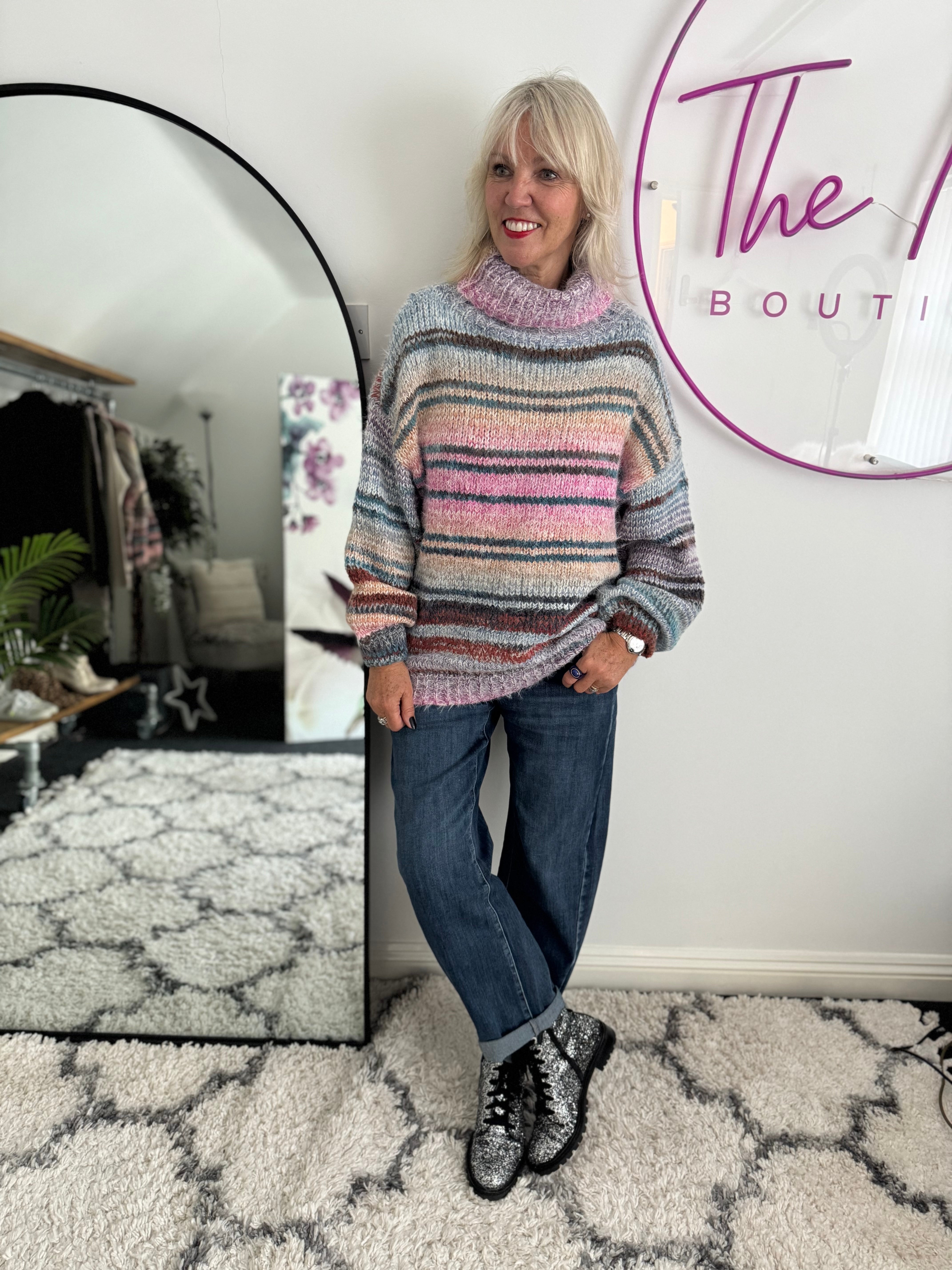 Oversized Stripe Roll Neck Jumper in Pink & Teal